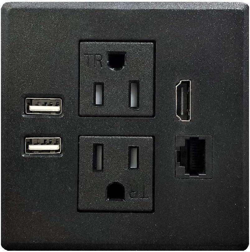 Best Review PWR-Plug Power Grommet for Desk Office Furniture Fits 3.125 Inch Grommet Hole 2 (TR) AC Outlets 2 USB Charging Ports 1 CAT6 1 HDMI ETL Listed (Square - (BLACK) Fits 3 1/8 - 3 1/4)