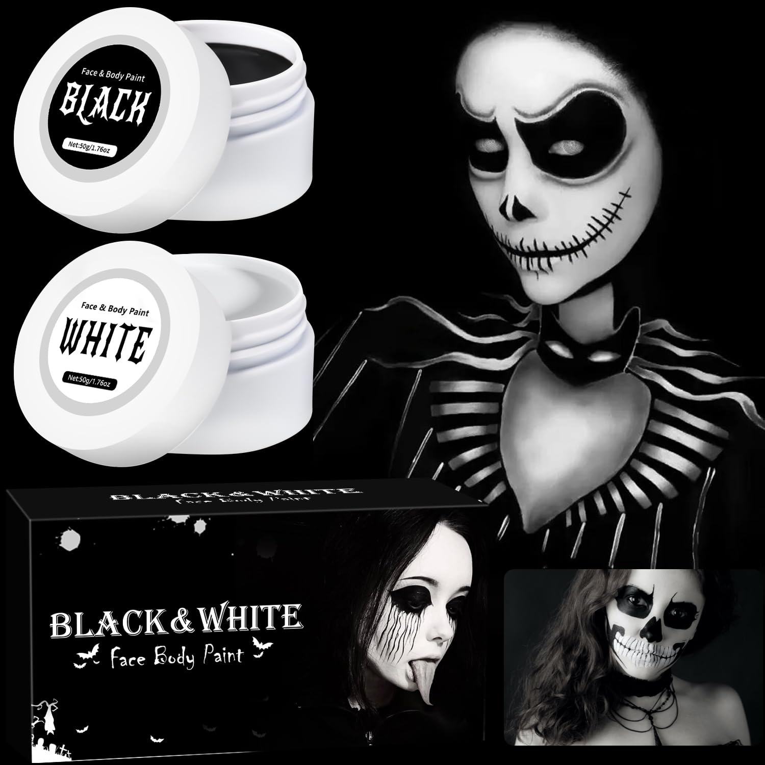 Maquillaje Halloween Blanco y Negro,Kit Maquillaje Halloween Special Effects Profesional,Pintura Cara Halloween Makeup para Niños Adulto,Pintura Facial Maquillaje para Teatral Carnaval Fiesta Cosplay