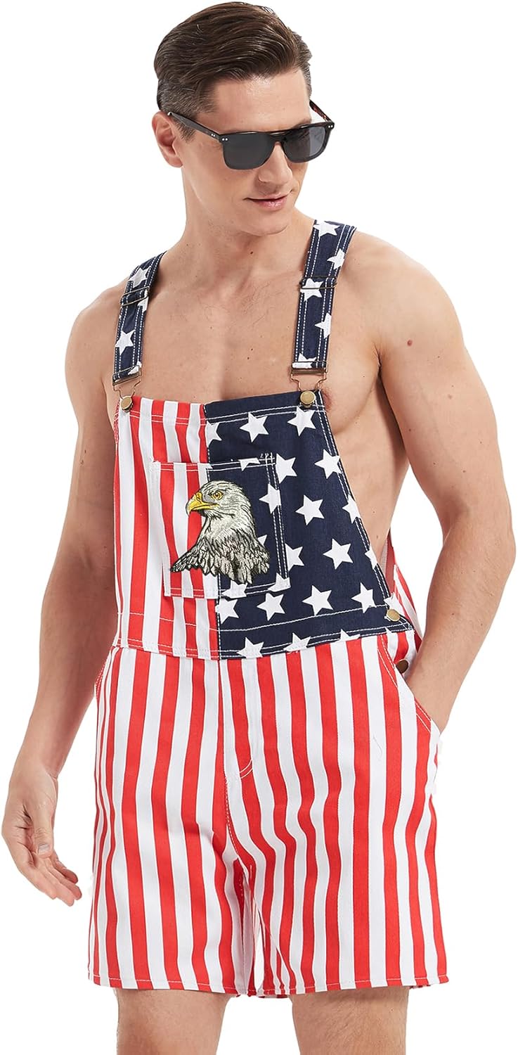 American Flag Overalls Denim Bib Shorts for Men And Women 4Th of July Denim Shortalls Adjustable Jean Jumpsuit Shorts
