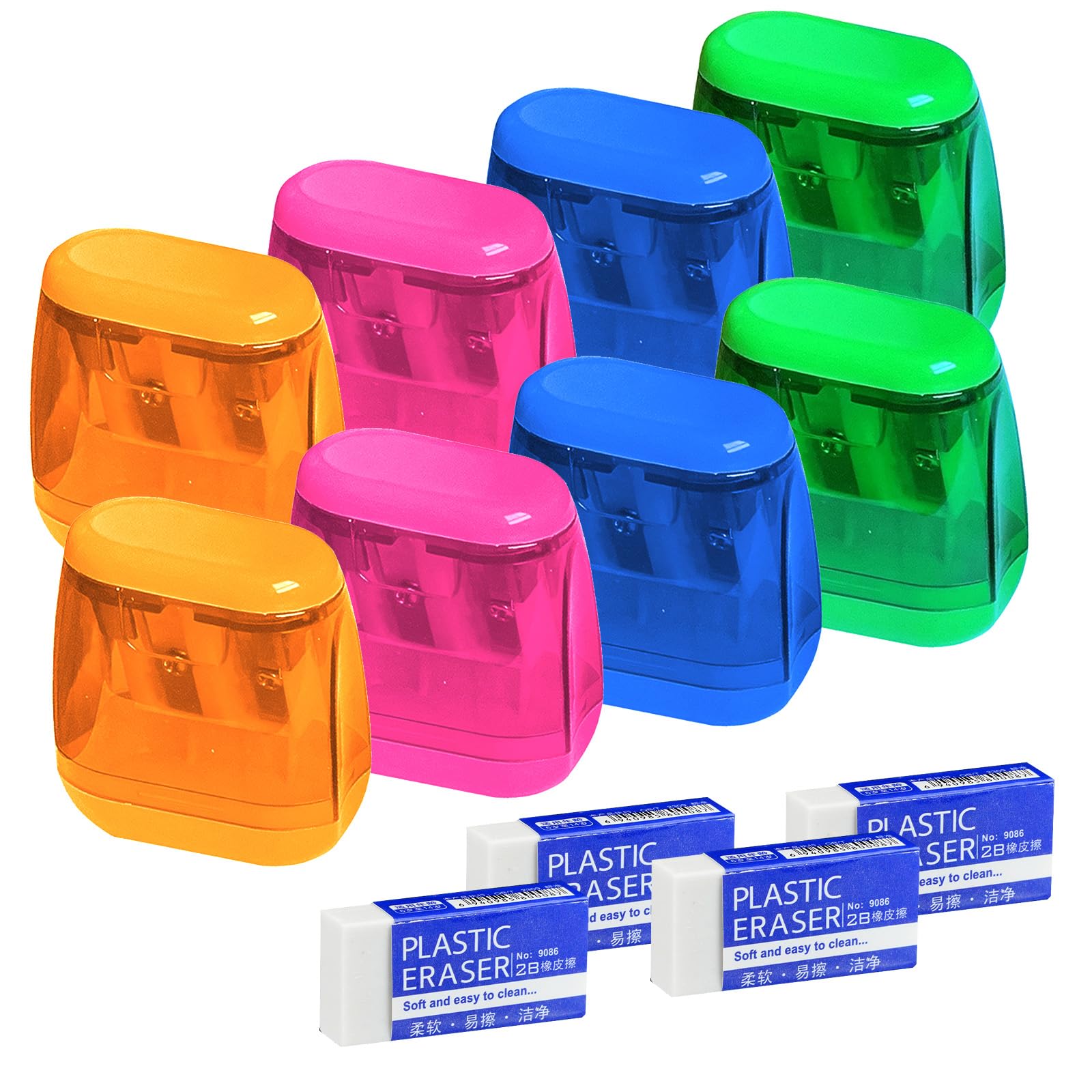STNRST-IN 8PCS Manual Pencil Sharpeners with Lid, Dual Holes Compact Portable Pencil Sharpeners and 4PCS Erasers, Handheld Desktop Pencils Sharpener for School Home Office