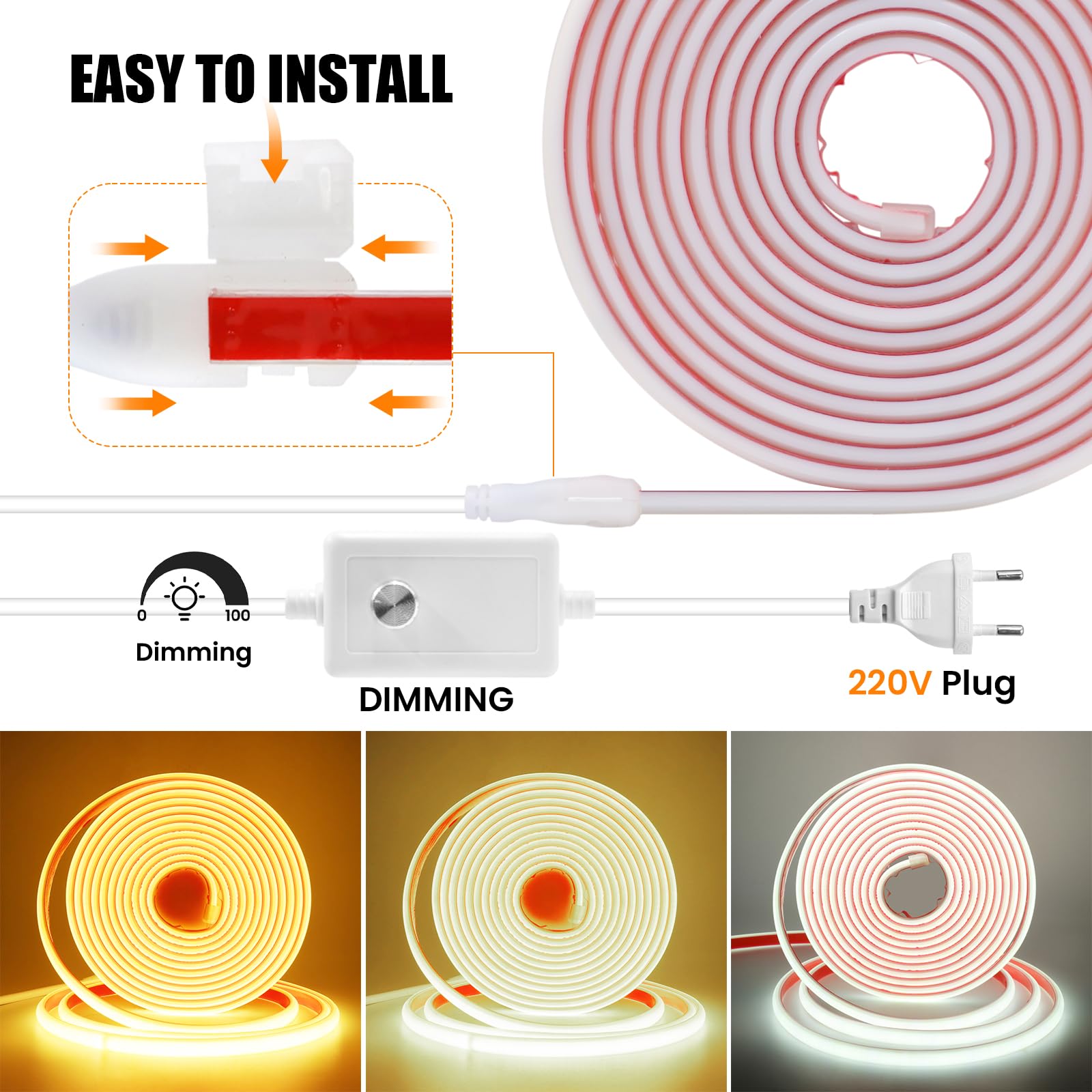 288 LED/m tira de neón LED COB regulable CRI85+,IP65 resistente al agua,flexible,AC220-240V,recortable,diseño DIY,iluminación decorativa para el hogar y tiendas [20m, blanco natural 4000K]