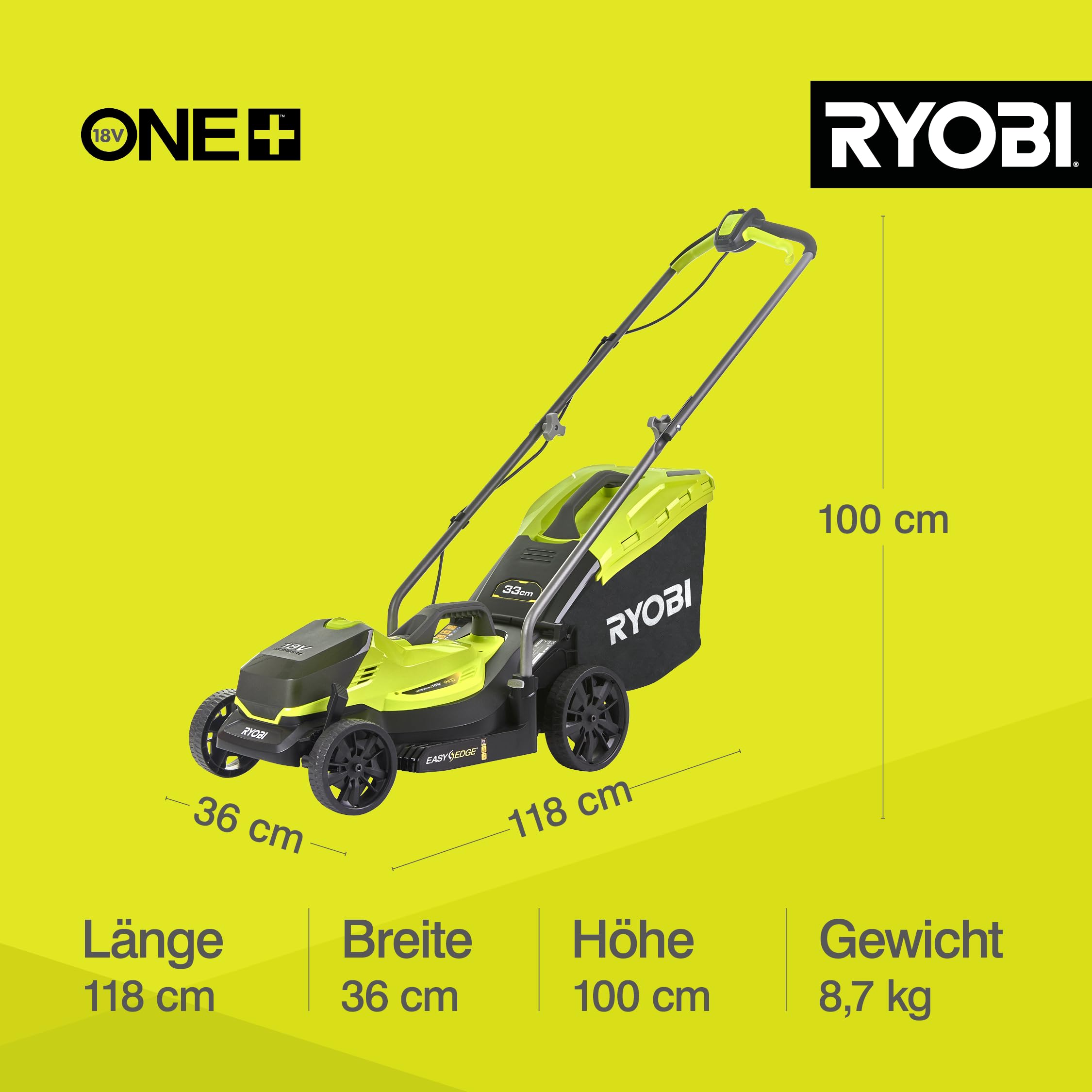 RYOBI 18 V ONE+ Akku-Rasenmäher OLM1833B, 33 cm Schnittbreite