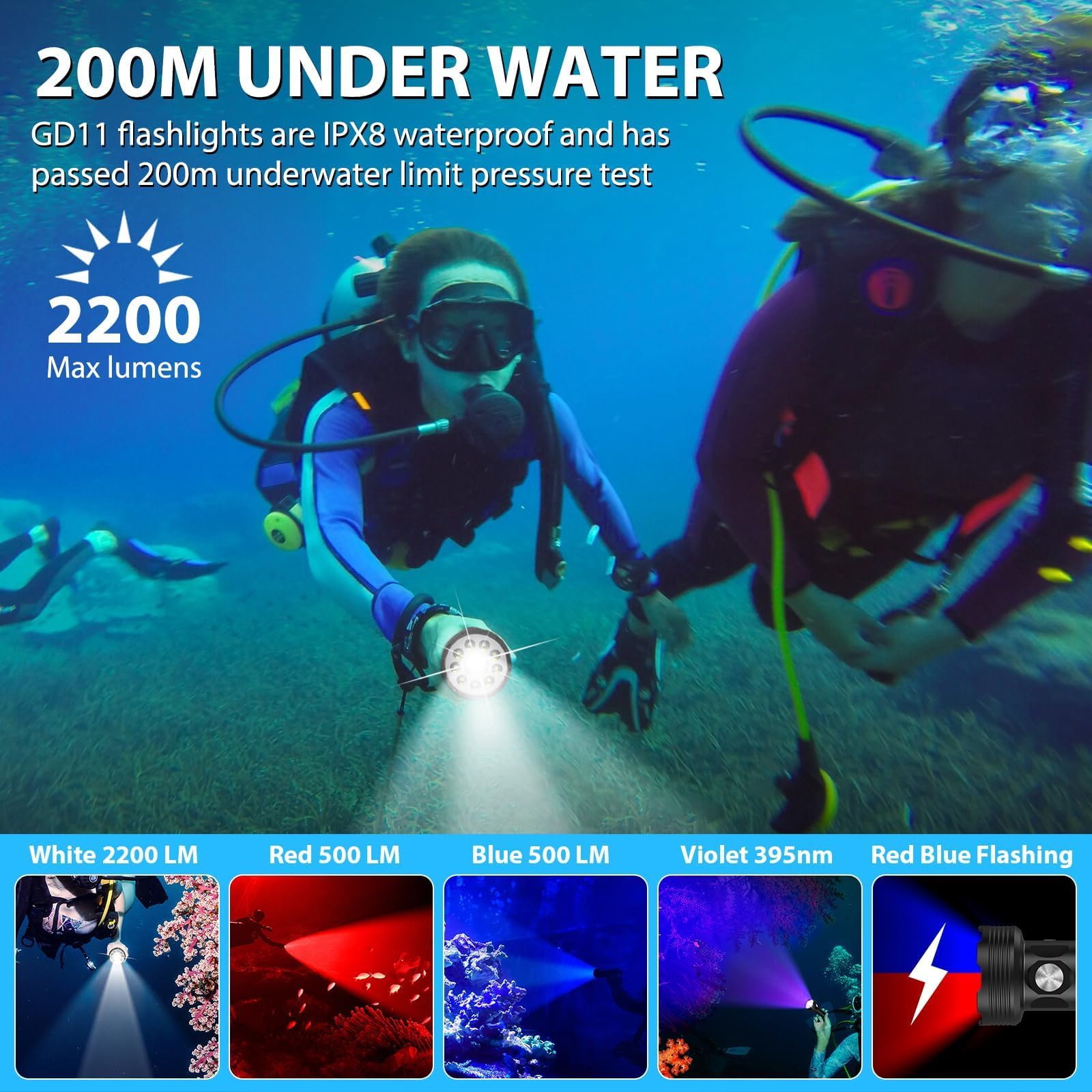 SAOPRKLER GD11 - Luz de buceo de 2200 lm, linterna de buceo subacuática impermeable de 200 m con modos rojo/azul/UV, linterna de buceo con base magnética para pesca submarina y buceo nocturno
