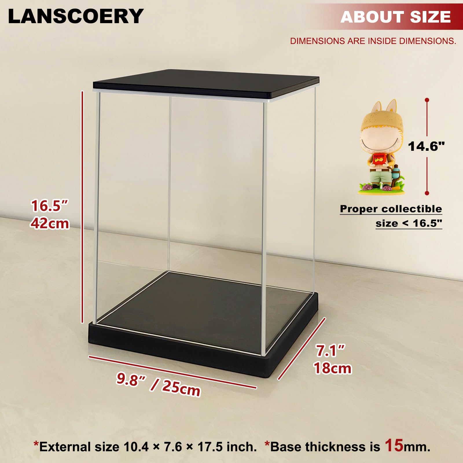 LANSCOERY Vitrine lumineuse RVB en acrylique, boîte de vitrine anti-poussière avec protection UV pour figurines, objets de collection, jouets - 24,9 x 18 x 41,9 cm