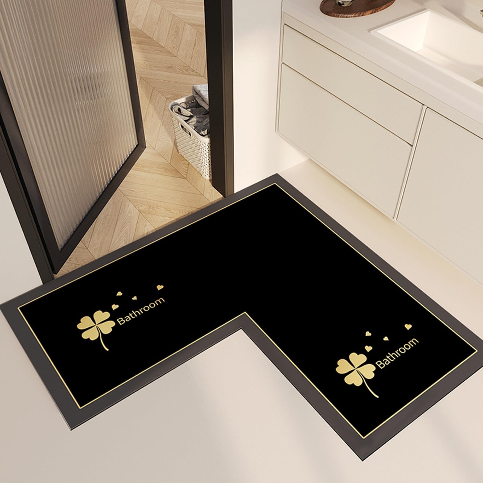 Alfombrilla De Baño De Esquina En Forma De L, Alfombrilla Antideslizante, Alfombrilla De Puerta De Secado Rápido Absorbente De Tierra De Diatomeas, Fácil Cuidado(Black,80 * 80 * 45cm)
