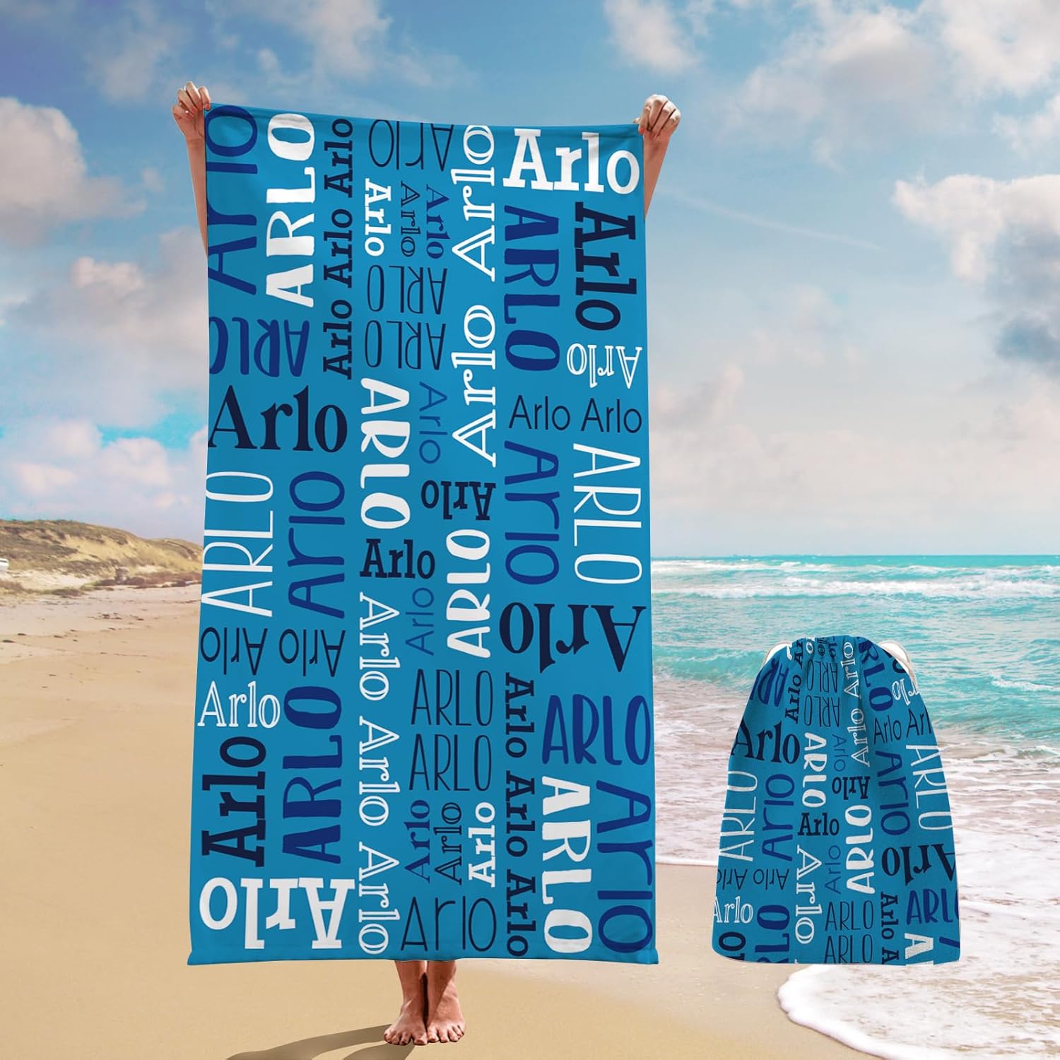 Personalized Beach Towel with Bag - Custom Oversized Soft Lightweight Absorbent Microfiber Bath Pool Towels with Multi-Fonts Name Design for Baby Kids Adults Boys Girls Gifts Color03