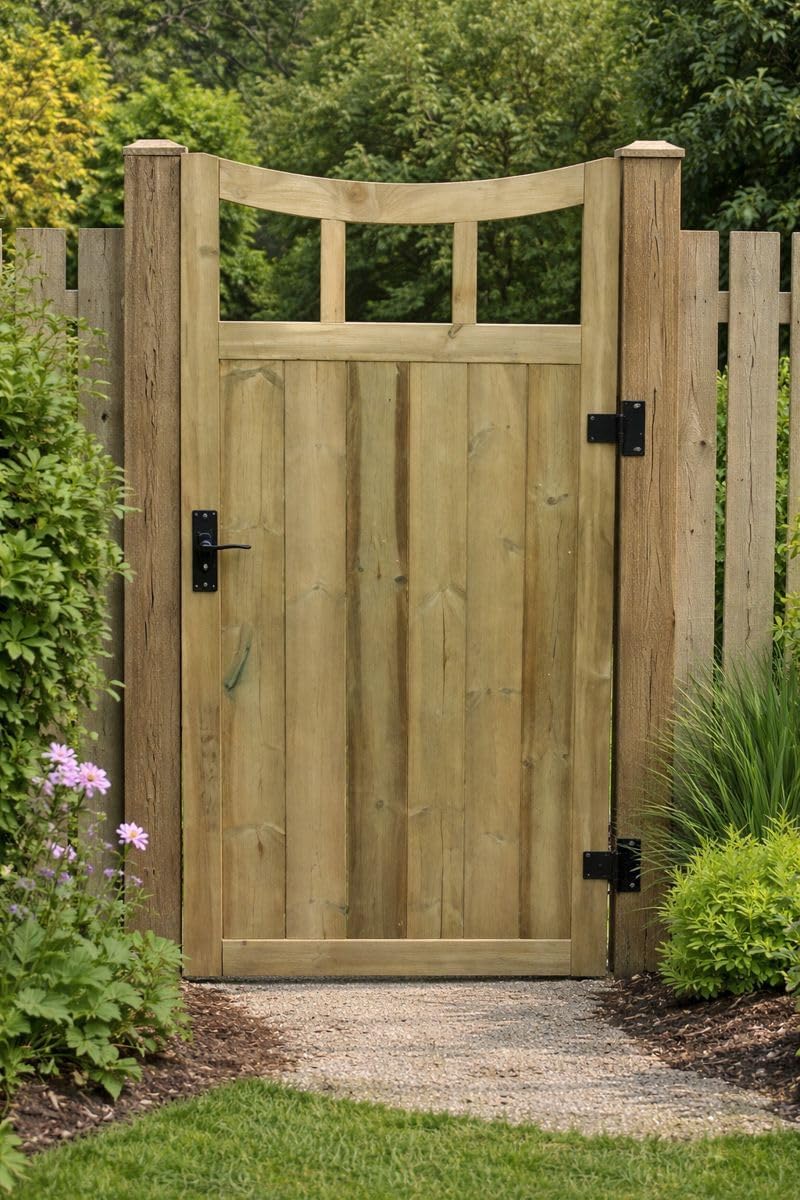 Wooden Curve TVG Garden Gate Pedestrian Gate Wooden Pressure Treated 5ft 150cm, (150cm High x 90cm Wide x 5cm Deep)