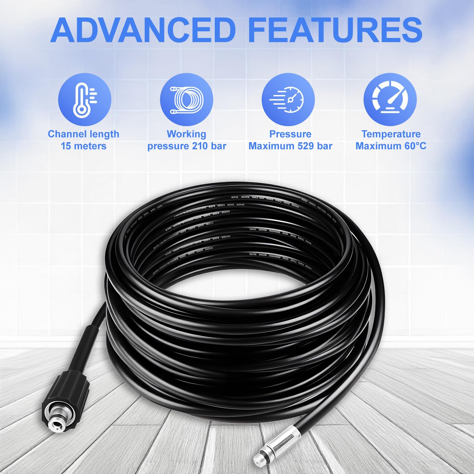 Universal Rohrreinigungsschlauch Set 15 m manguera de repuesto | compatible con Karcher K2 K3 K4 K5 K6 K7, para Lavor para Bosch para Parkside, incluye 3 adaptadores, 2 boquillas y 1 cinta