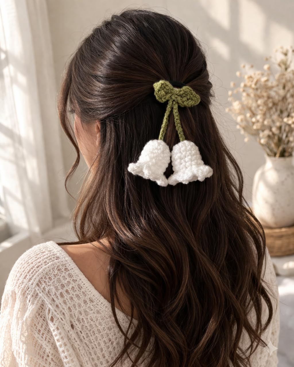 Crochet Hair Tie with Bow and Floral Bell Tassels, Green and White, Boho Style, Handmade, One Size - Review, Price and Buying Guide