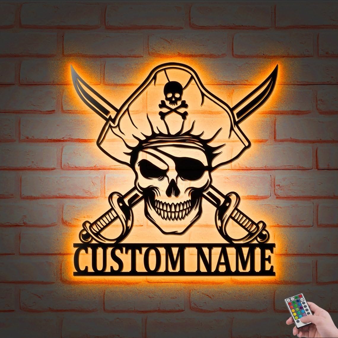 Custom Pirate Skull V1 Metal Wall Art Led Lights, Personalized Pirate Ship Name Sign Home Decor, Skeleton Piracy Decoration, Man Cave Decor