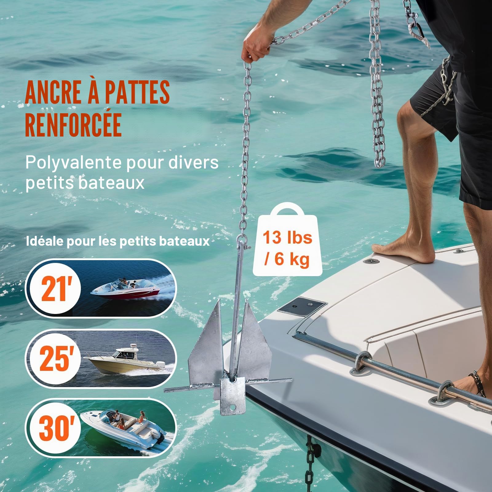 VEVOR Ancre Plate 6 kg, Kit d'ancrage en Acier Galvanisé à Chaud avec Chaîne 2,4 m, Corde 30,8 m et 2 Manilles, Ancre de Bateau Marin pour Petits Navires de Moins de 9,1 m, Mers, Rivières, Rivages