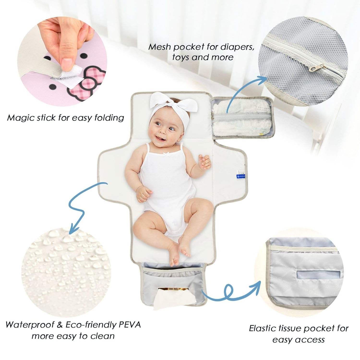 Cartoon Cute Pink Bow Reusable Diaper Changing pad with Tissue Pocket Portable Baby Changing pad for Moms, Dads cambiadores de pa?ales para Bebes