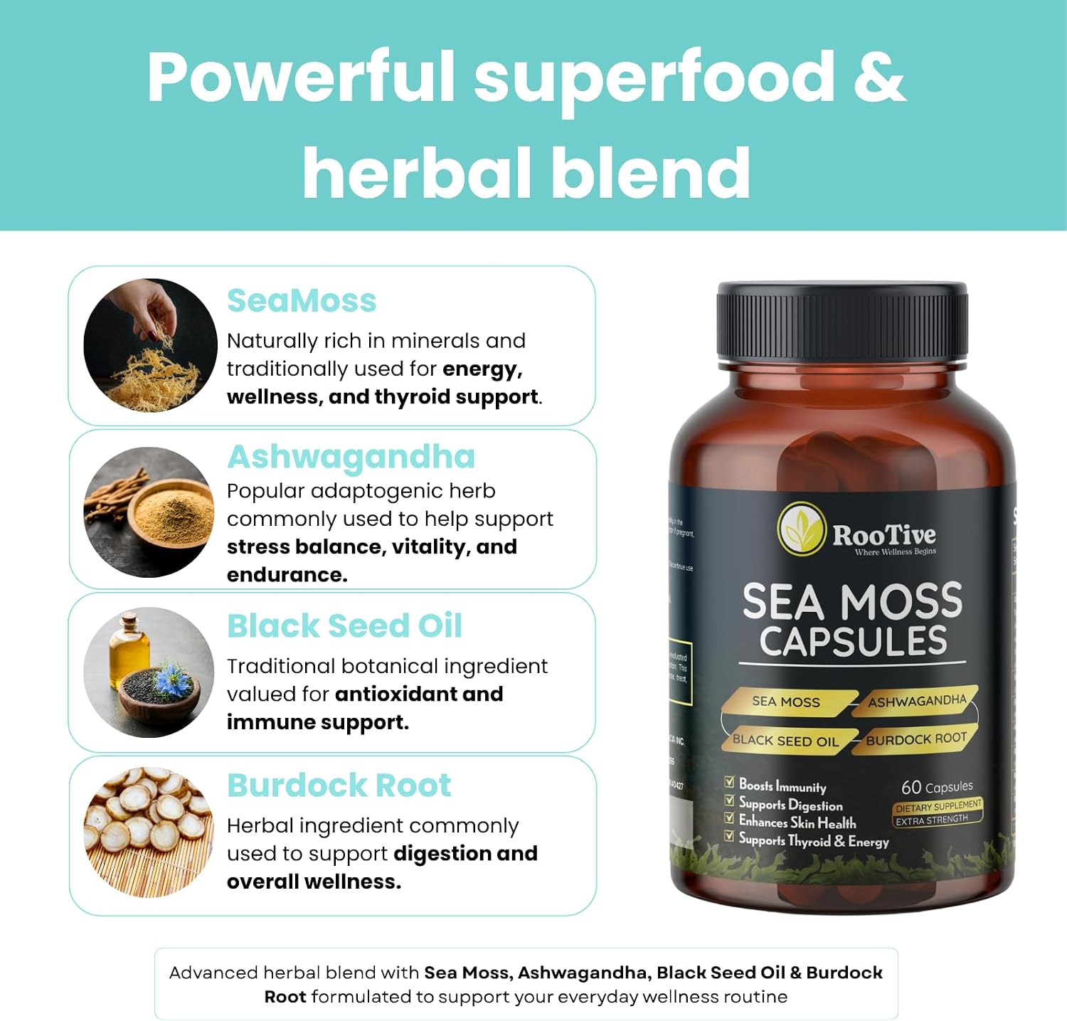 Sea Moss Capsules with Turmeric 450mg, Black Seed 200mg & Ashwagandha 100mg – Irish Sea Moss Supplement with Bladderwrack, Burdock Root & Black Pepper – 60 Capsules, 30 Servings