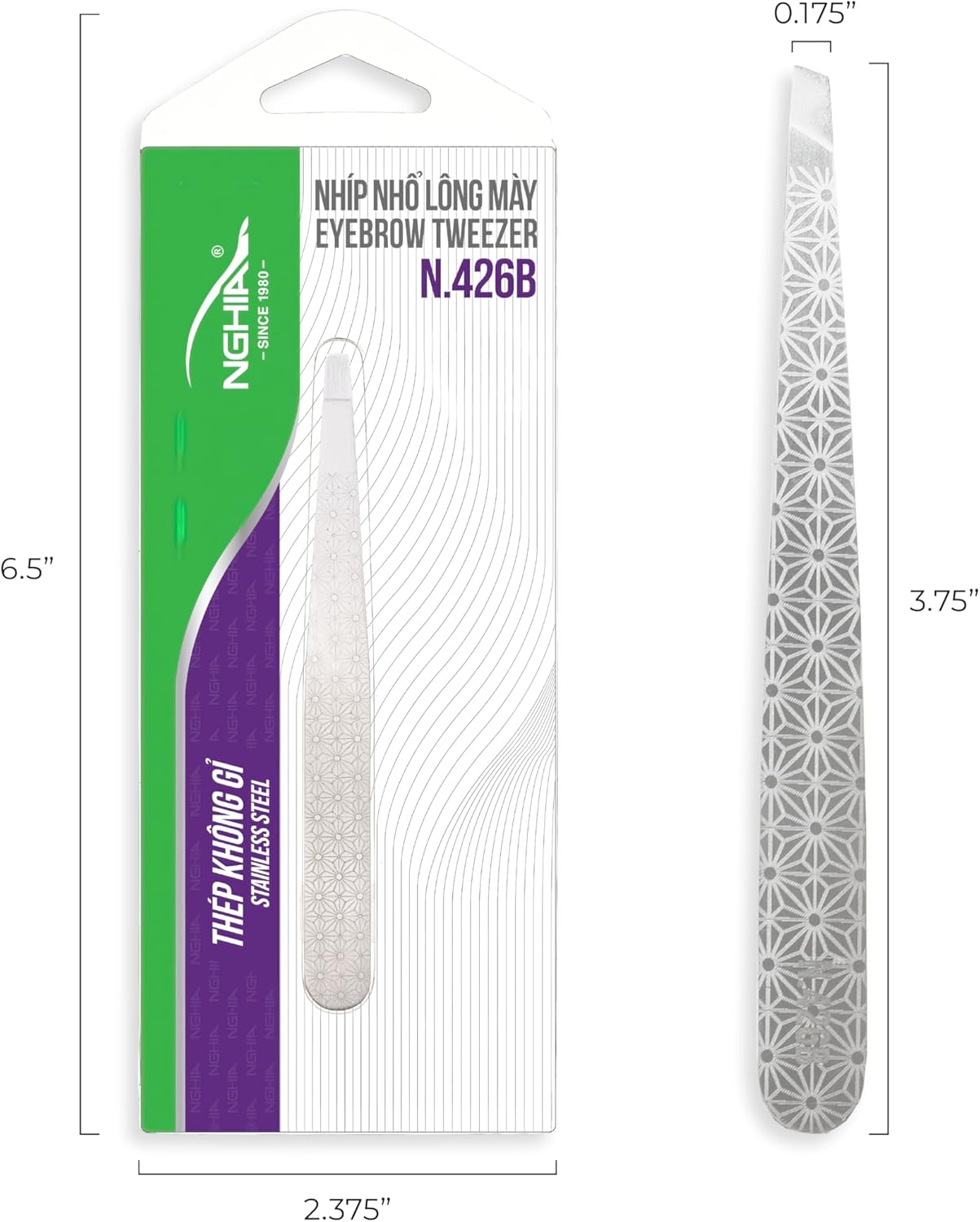 NGHIA Slanted Tip Tweezer N-426 Combo| Special Design Printed | Stainless Steel | Ergonomic Eyebrow Tweezer for Precision Grooming | Hair Removal