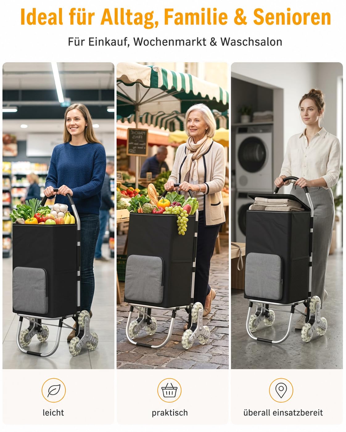 DROMEZ Einkaufstrolley Treppensteiger 50L mit Kuehlfach, klappbarer Hackenporsche mit 6 Rollen, Einkaufswagen faltbar aus Aluminium, abnehmbare Oxford-Tasche, bis 50 kg, Schwarz/Grau