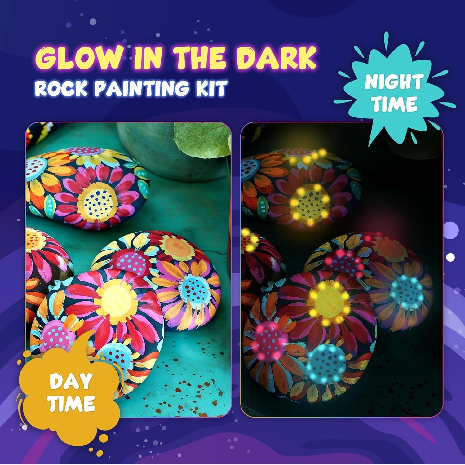 Rock Painting Kit - Glow in The Dark, 60+ Pcs Arts and Crafts Rock Painting kit for Kids 6-12, Art Supplies with Glow, Standard Paints and Metallic Paints, Outdoor Toys for Boys & Girls Birthday