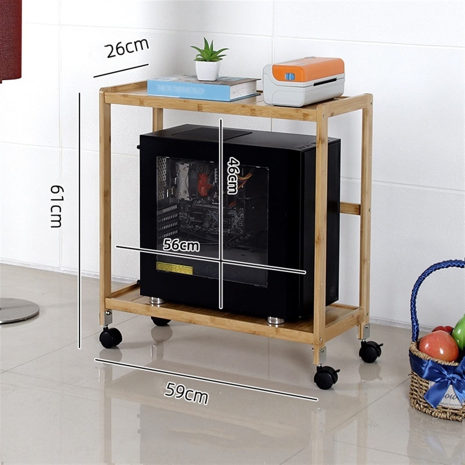 Soporte para CPU Soporte de torre for PC, soporte de CPU con ruedas de 2 niveles, soporte de caja de host de PC móvil de bambú con ruedas giratorias, se adapta a la mayoría de las cajas de PC e impres