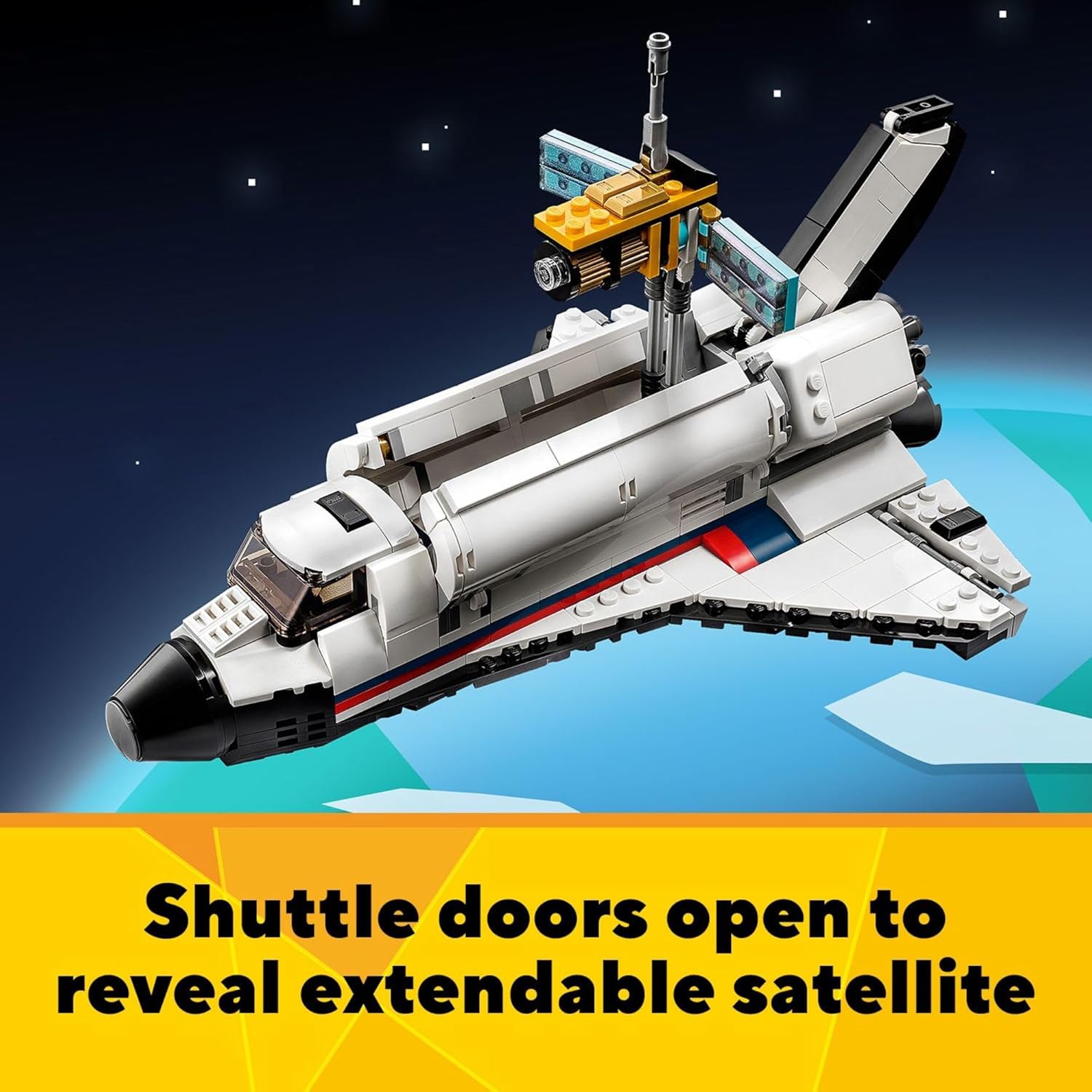LEGO Space Shuttle with open cargo bay and deployed satellite