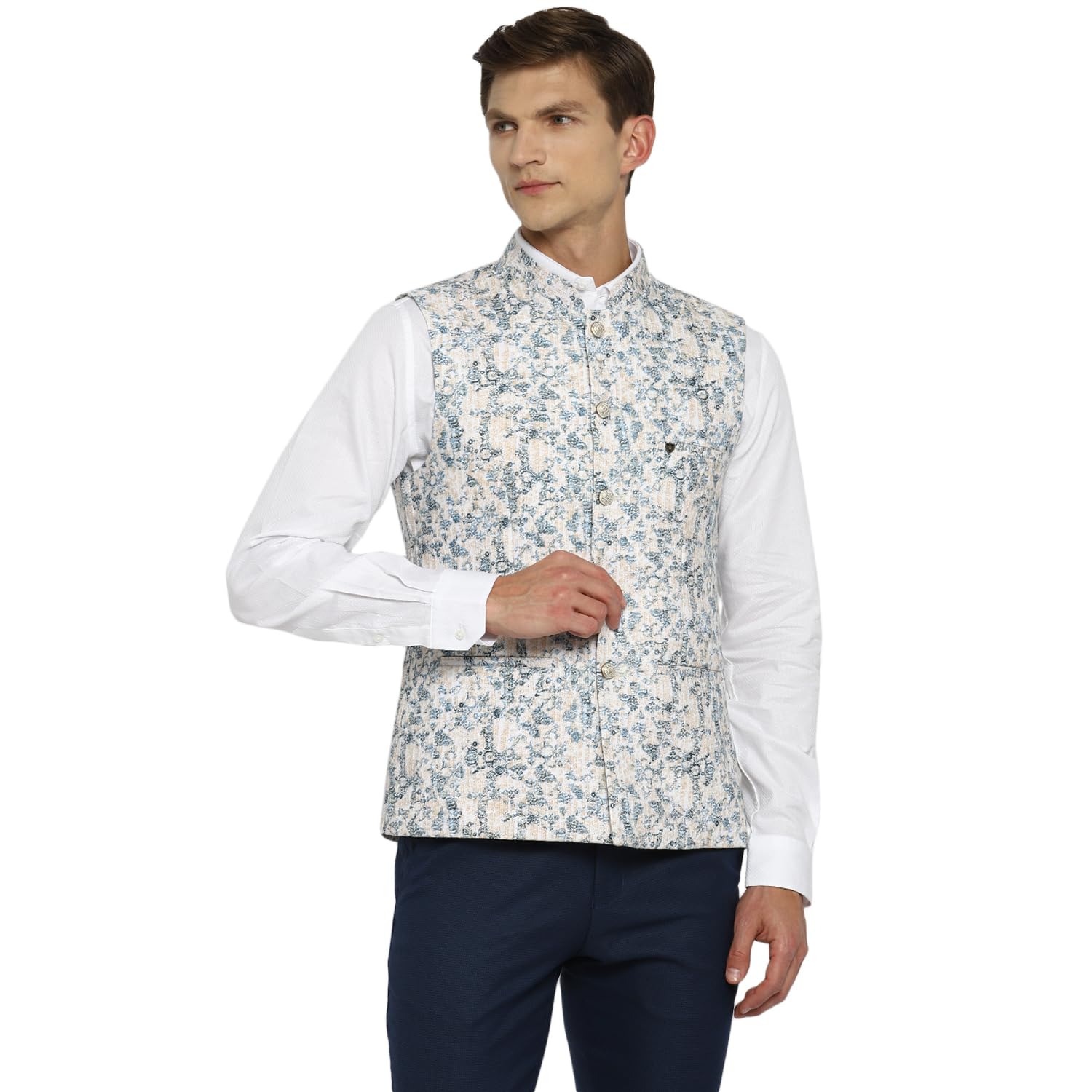turtle Men 100% Cotton Light Blue Dobby Print Formal Nehru Jacket-picture-14