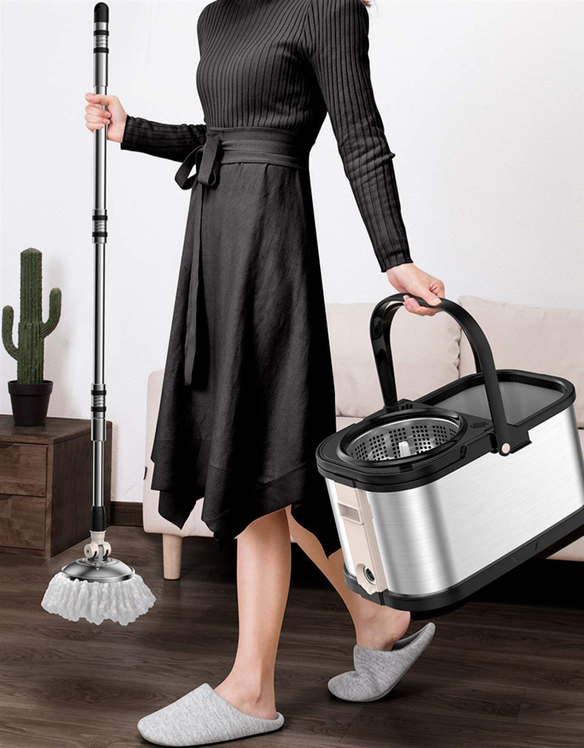 Mop Pavimenti Secchio in Acciaio Inossidabile Mop in Microfibra Spin Mop Dual Drive 360 ​​Mop Head Rotante con 9 Mop Head Refill Leva mocio Interamente in Acciaio Inossidabile