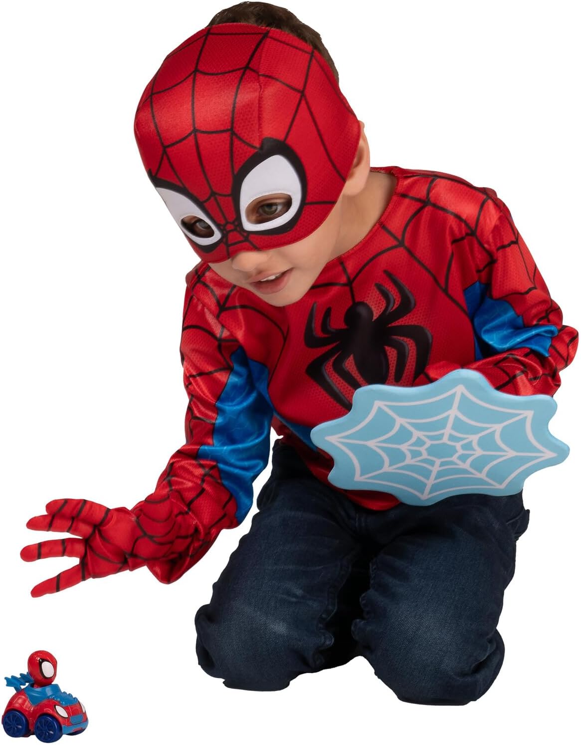 Marvel Spidey and Spin Official Toddler Dress-Up Set - Long-Sleeved Costume Tops with Fabric Half Masks, Gloves, Fabric Web Shields, and Mini Vehicles (3-4T)