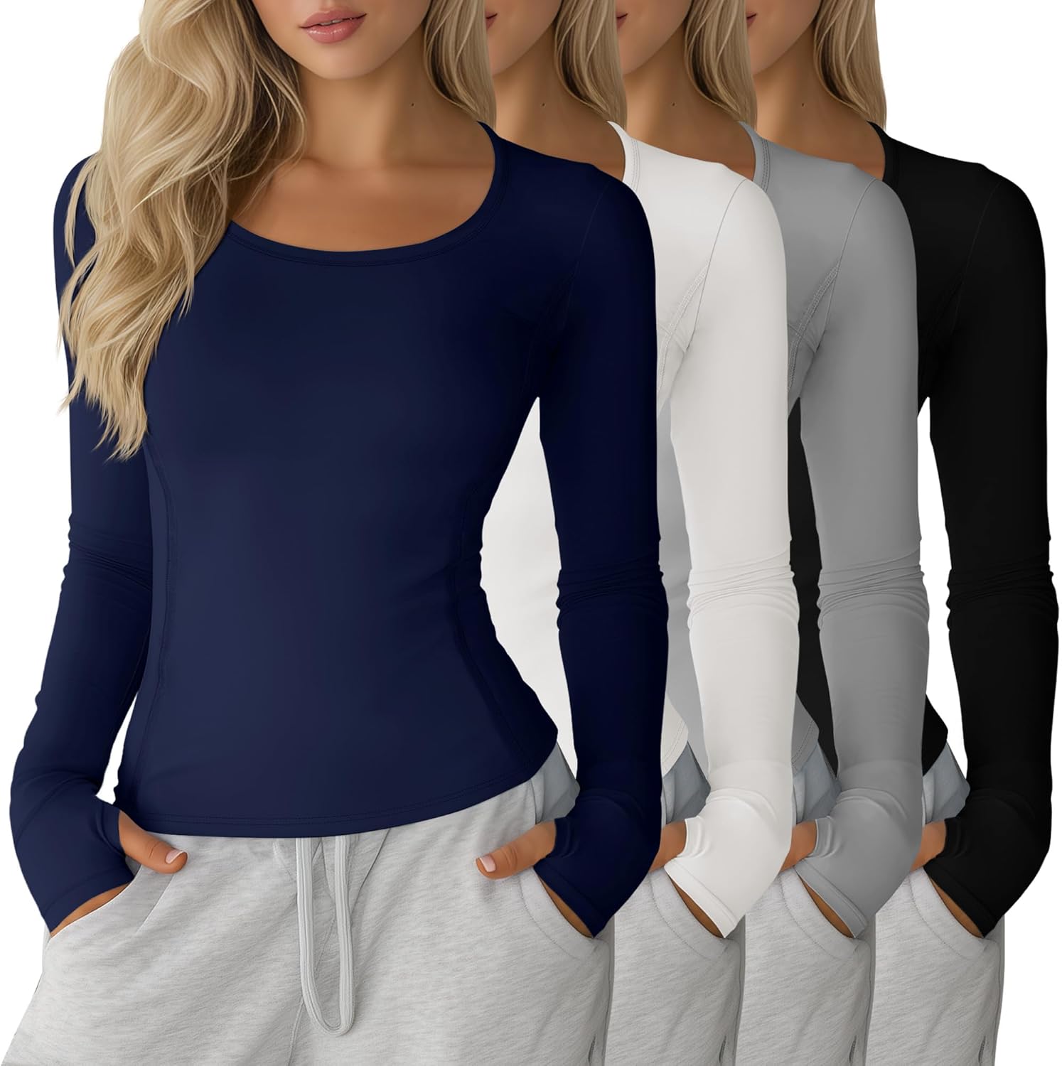 Velvelhall 4 Pack Women's Workout Shirts Yoga Long Sleeve Running Tops Quick Dry Gym Athletic Tops Seamless Compression Tees