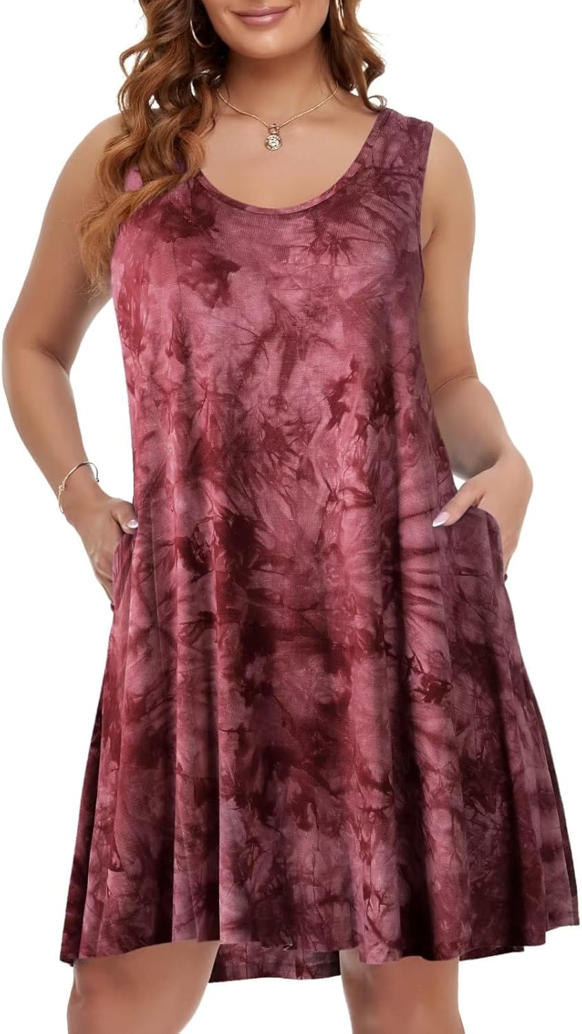 BELAROI Women Plus Size Sundress Summer Casual Sleeveless Tshirt Dress Tie Dye Swing Tank Dresses with Pockets Beach Cover up