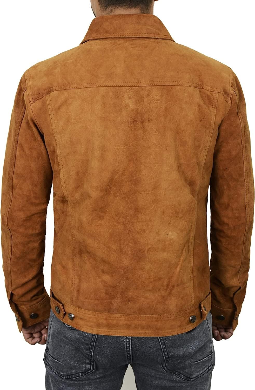 Mens Suede Leather Trucker Jacket Western Style Cowboy Coat