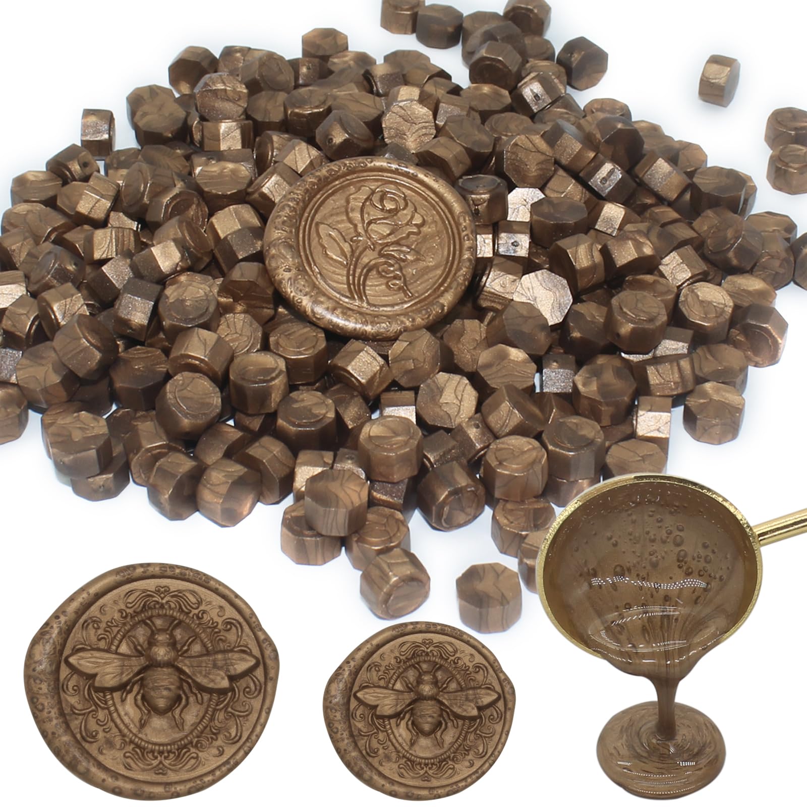 250pcs Wax Seal Beads Bronze, Andotopee Premium Sealing Wax Beads for Stamp Seals, Octagon Metallic Seal Stamp Pellets Refill Pack for Wedding