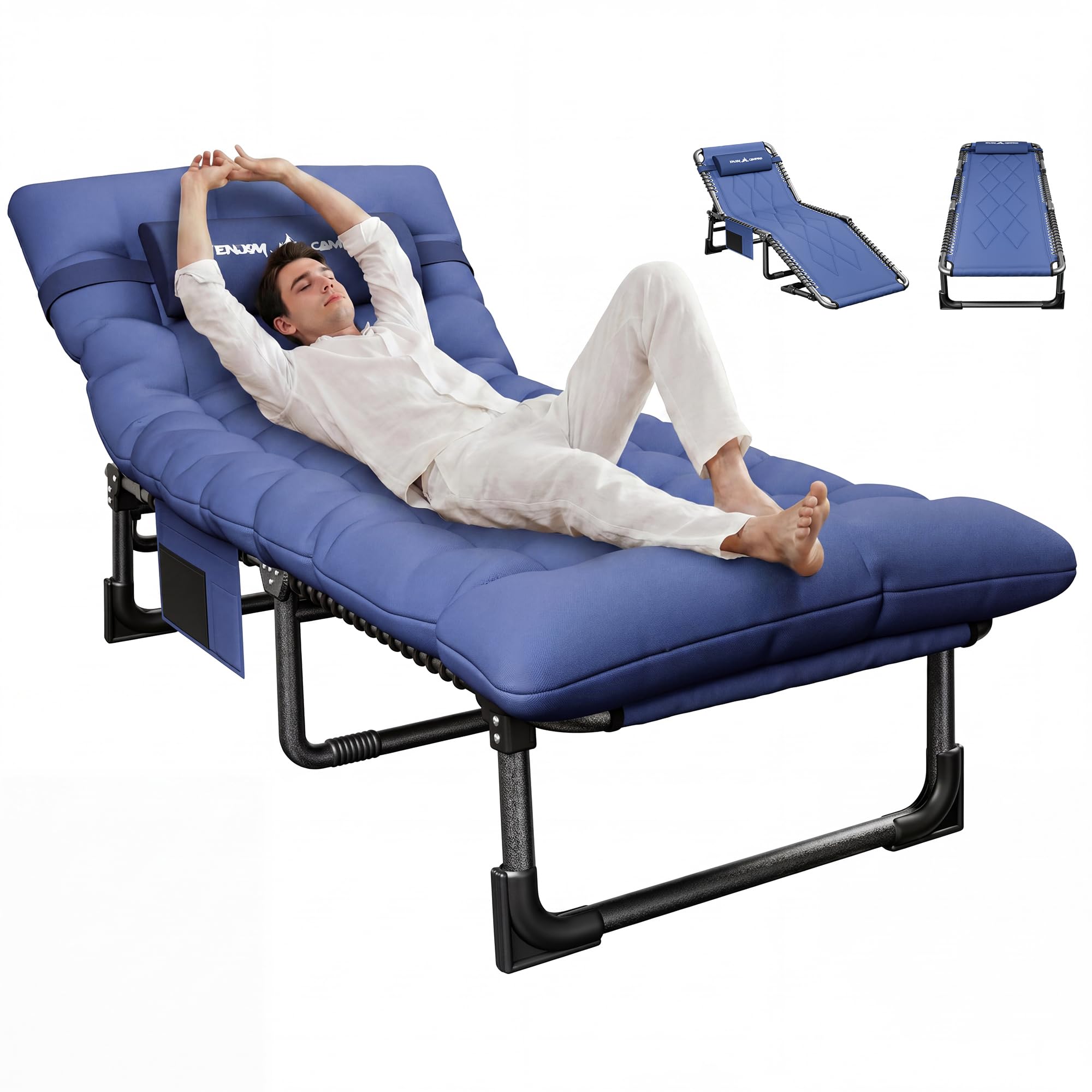 UDPATIO Transat Jardin Extérieur avec Coussin - Bain de Soleil avec Poches Latérales et Appui-tête Adjustable - Chaise Longue Réglable et Pliable (200x69x34 cm) - Bleu