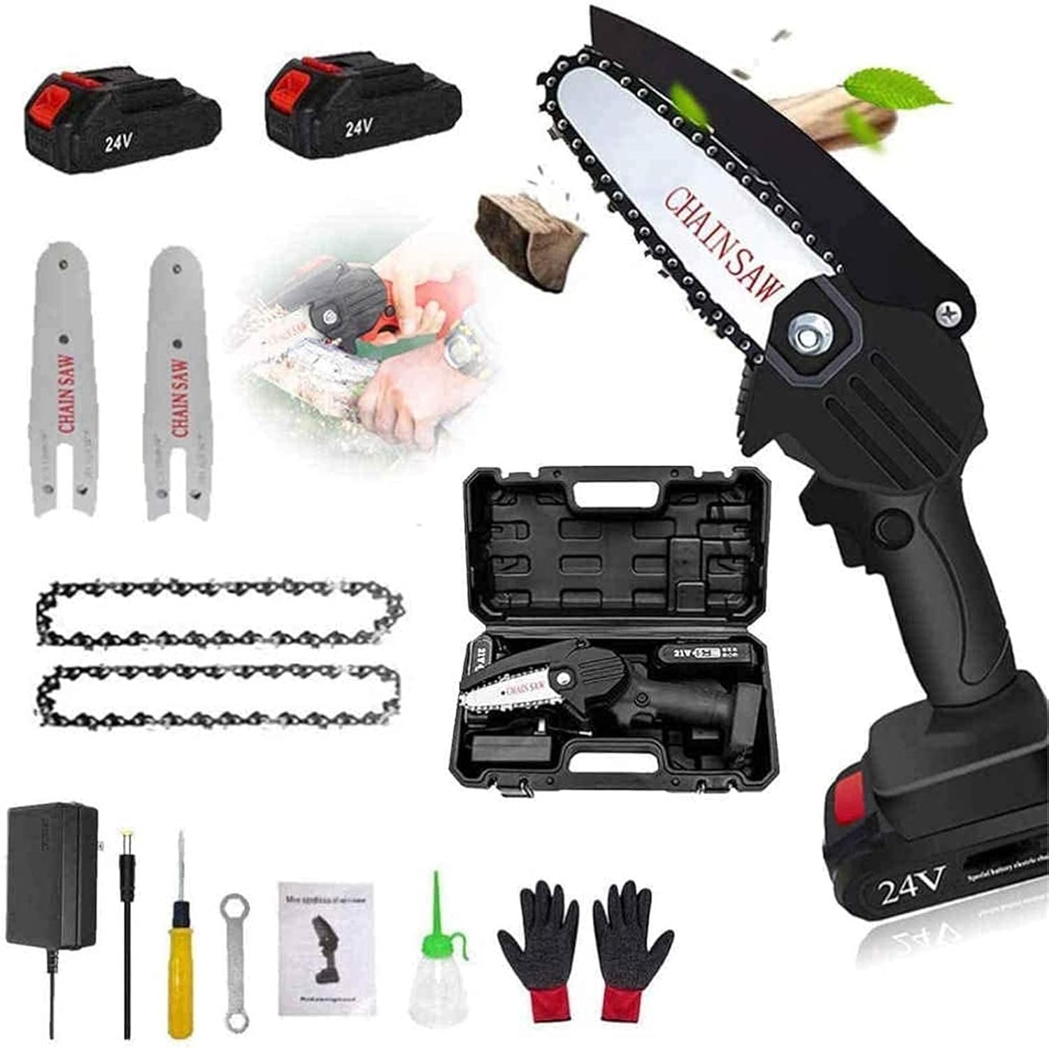 ROSG Mini Motosierra eléctrica inalámbrica, Juego de Mini Motosierra Motosierras portátiles 4 Pulgadas 24 V Motosierras de Mano con batería para poda de Ramas de árboles Corte de Madera Jar