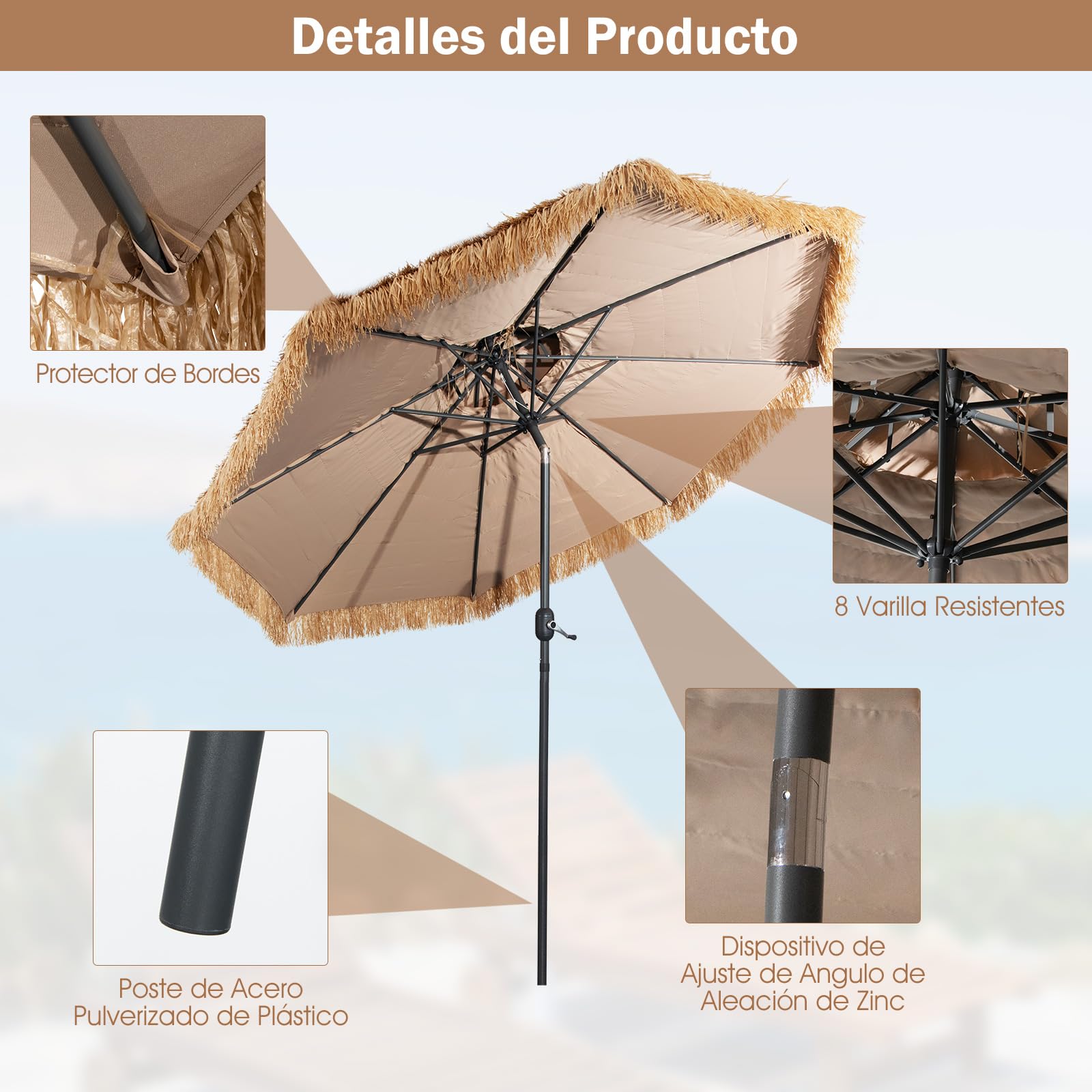 GOPLUS Sombrilla Paja Hawaiana 3/2,7m, Parasol de Jardin Inclinable con 8 Varillas, Sombrilla Terraza Exterior con Techo Doble para Piscina，Patio