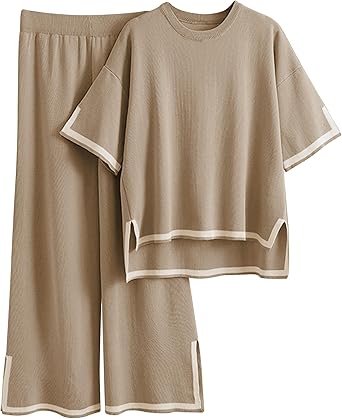 Tanming Sweater Sets Women 2 Piece Lounge Sets Short Sleeve Knit Pullover Tops Wide Leg Pants