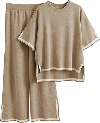 Tanming Women's 2-Piece Sweater Set - Short Sleeve Knit Pullover & Wide Leg Pants