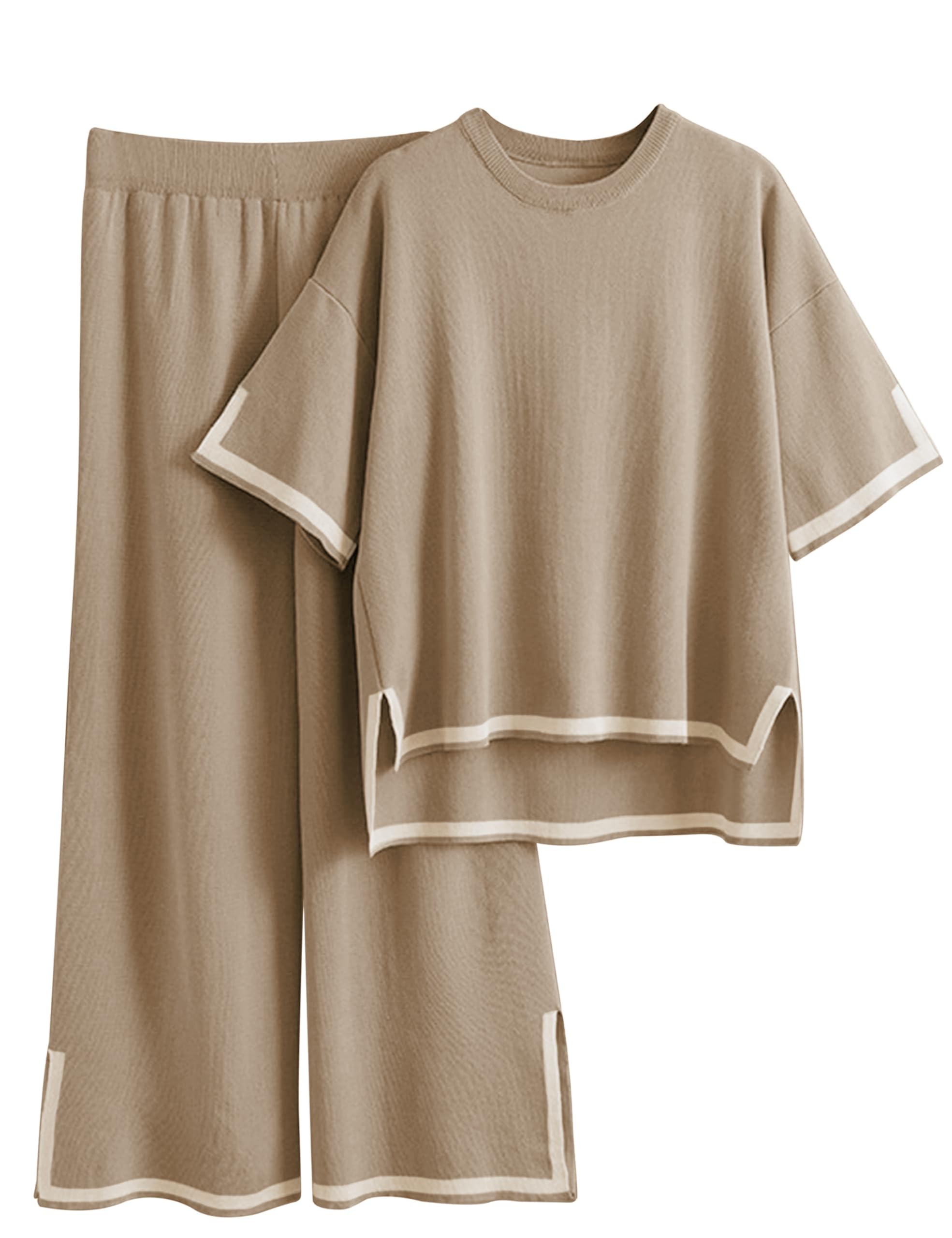 Tanming Sweater Sets Women 2 Piece Lounge Sets Short Sleeve Knit Pullover Tops Wide Leg Pants