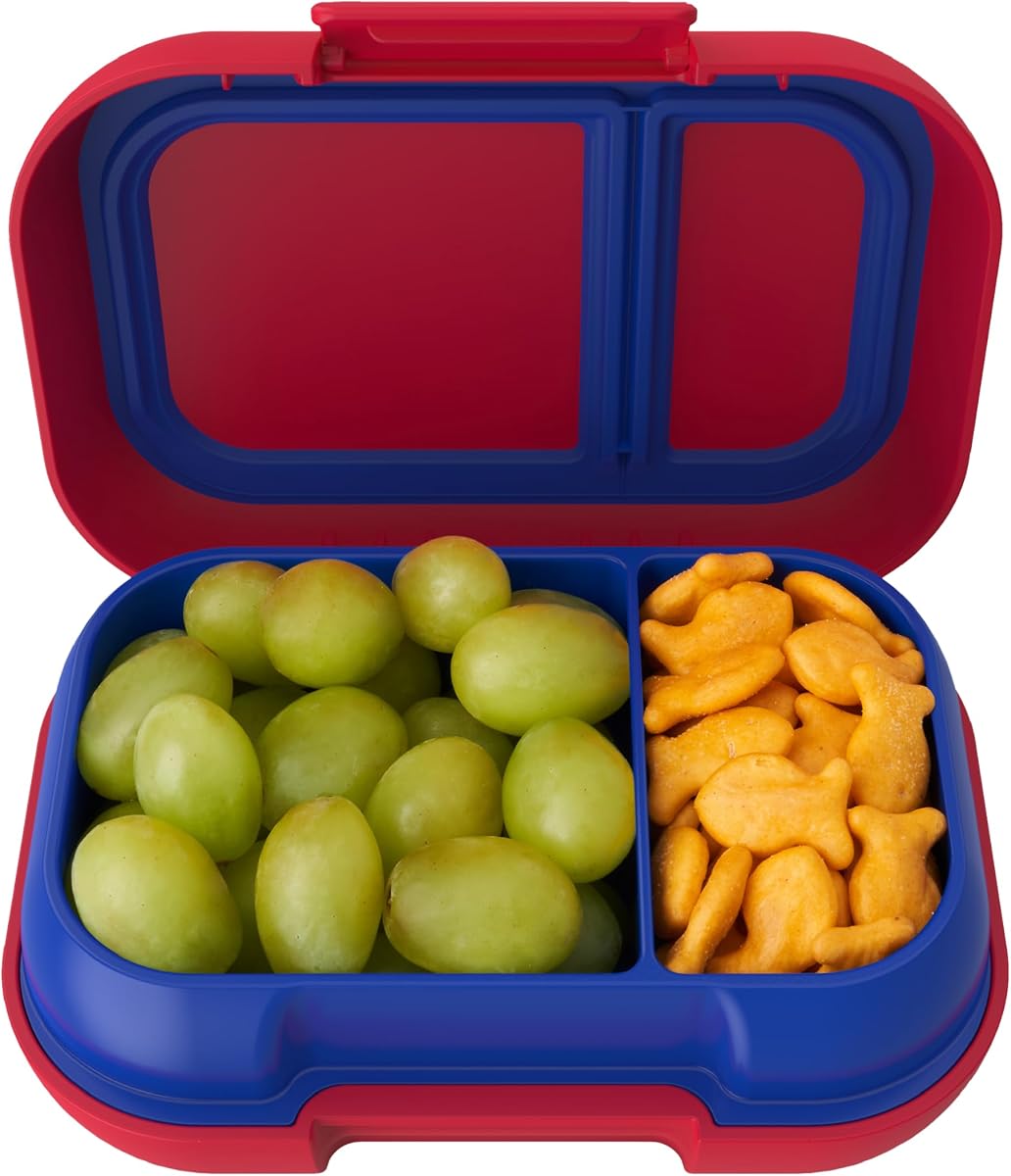 Bentgo Kids Snack Contenedor estilo Bento de 2 compartimentos a prueba de fugas | Para refrigerios y comidas pequeñas, pestillo de fácil apertura, apto para lavavajillas, sin BPA para la escuela, guardería y deportes, a partir de 3 años (rojo/real)