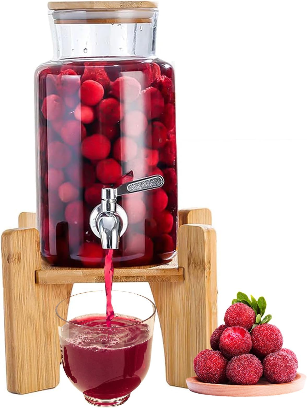 Glass Water Dispenser with Stand lid, 3L Drink Dispenser Cold Water Bottle Beverage Dispenser BPA-free Large Capacity Lemonade Beer Jars for Office Camping Juice Drinks Container 2L