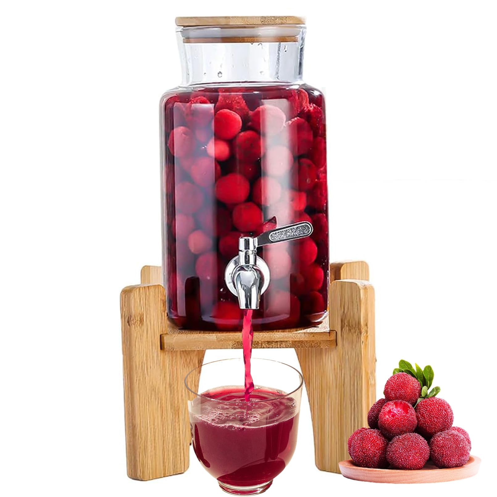 Glass Water Dispenser with Stand lid, 3L Drink Dispenser Cold Water Bottle Beverage Dispenser BPA-free Large Capacity Lemonade Beer Jars for Office Camping Juice Drinks Container 2L