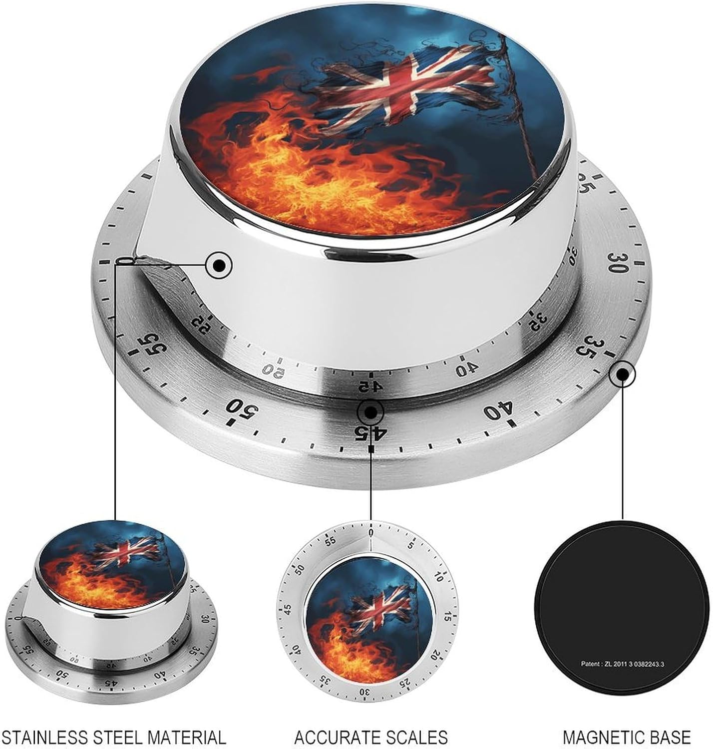Painted Flag Stainless Steel Timer, Kitchen Timer with Magnetic Base, Countdown Timers for Gym, Office, Cooking, Baking, Jogging