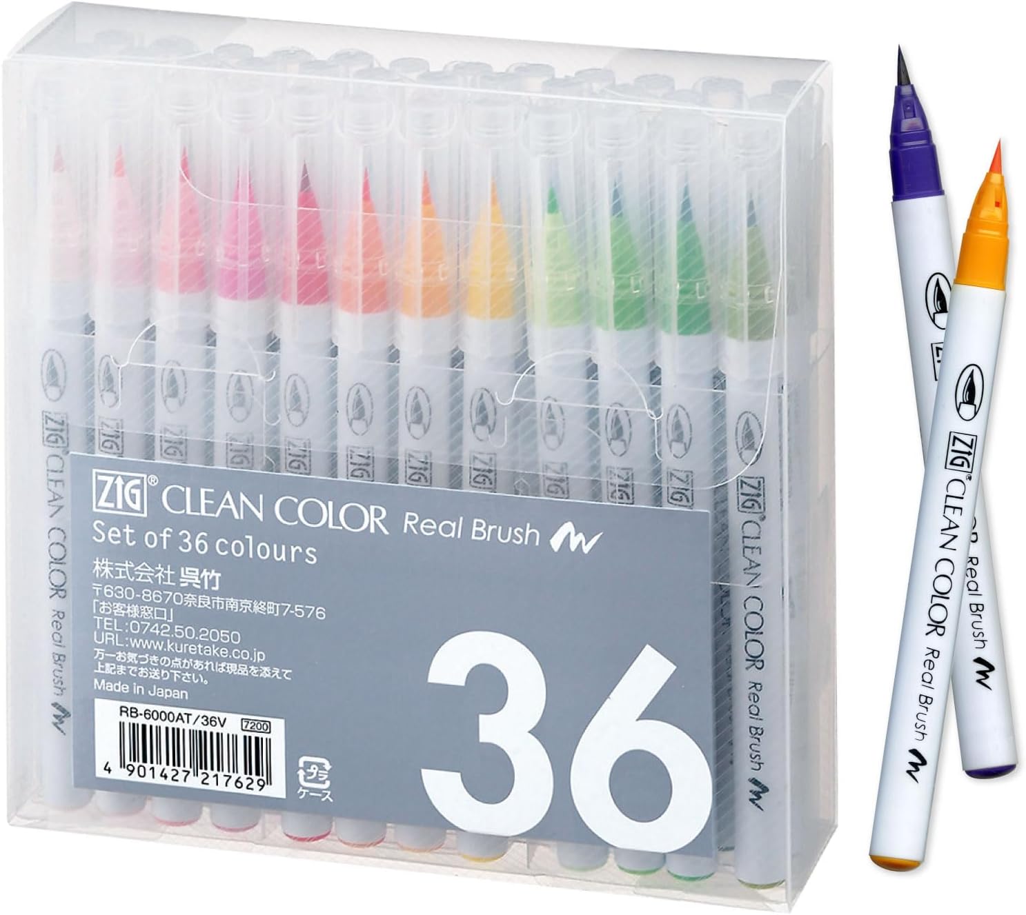 Kuretake Zig Clean Color Real Brush 36 colors set, Brush tip marker pens, for Professional and Artist, coloring, drawing, calligraphy, lettering, Made in Japan