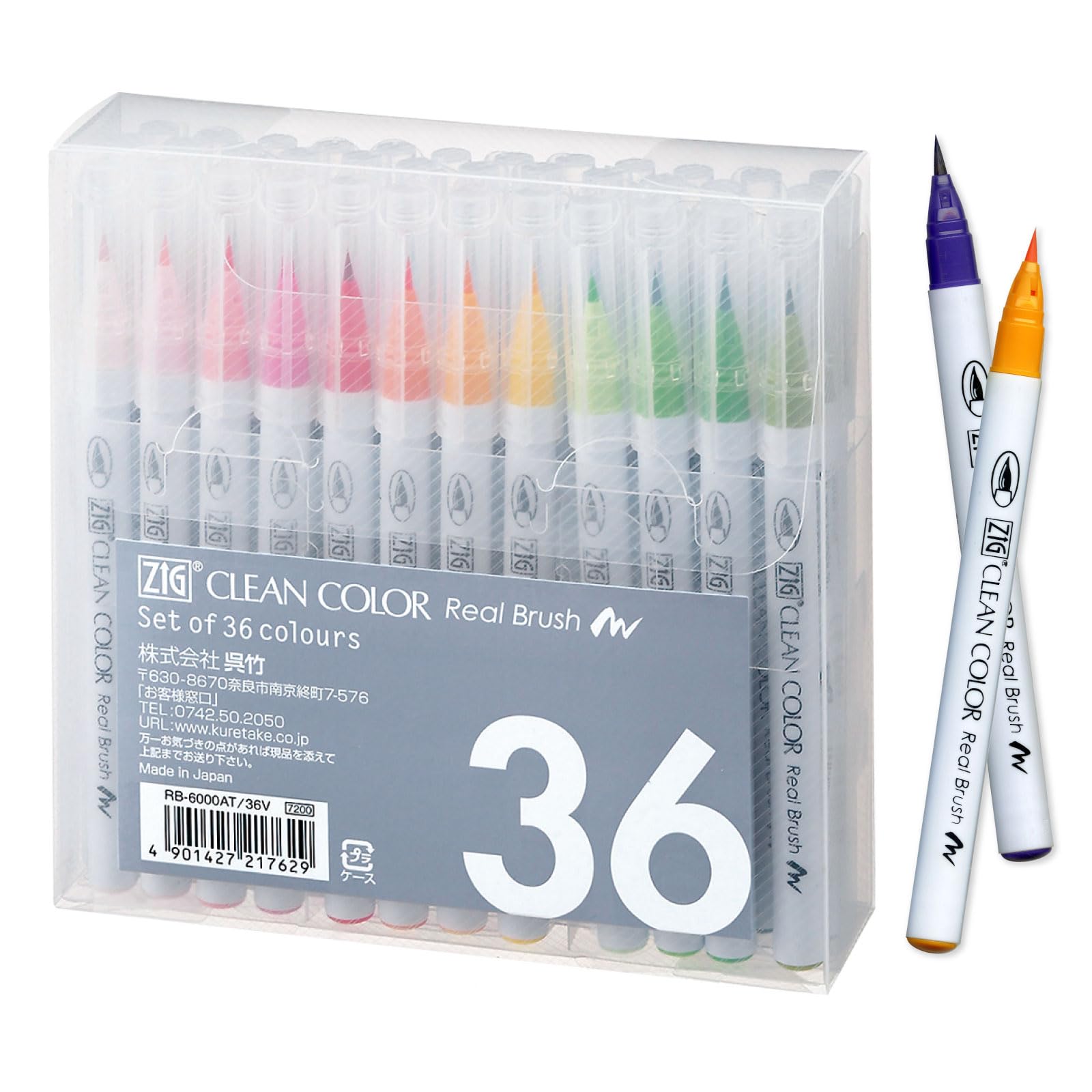 Kuretake Zig Clean Color Real Brush 36 colors set, Brush tip marker pens, for Professional and Artist, coloring, drawing, calligraphy, lettering, Made in Japan