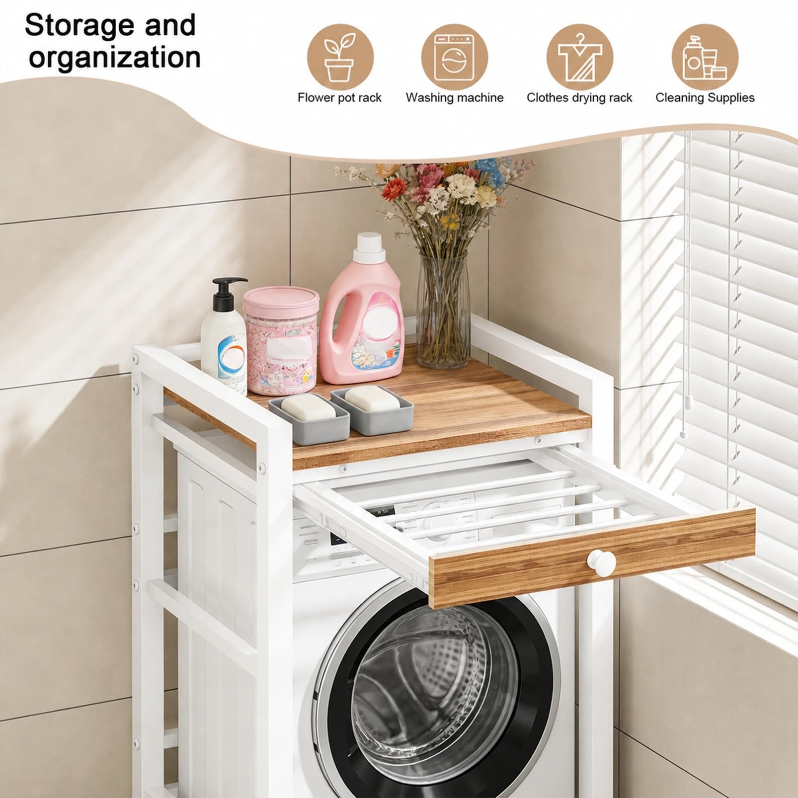 Estantería para lavadora, lavadora y secadora superpuestas, capacidad de carga de 300 kg, armario de lavadora para baño, cocina, balcón, lavandería (blanco con cajones)