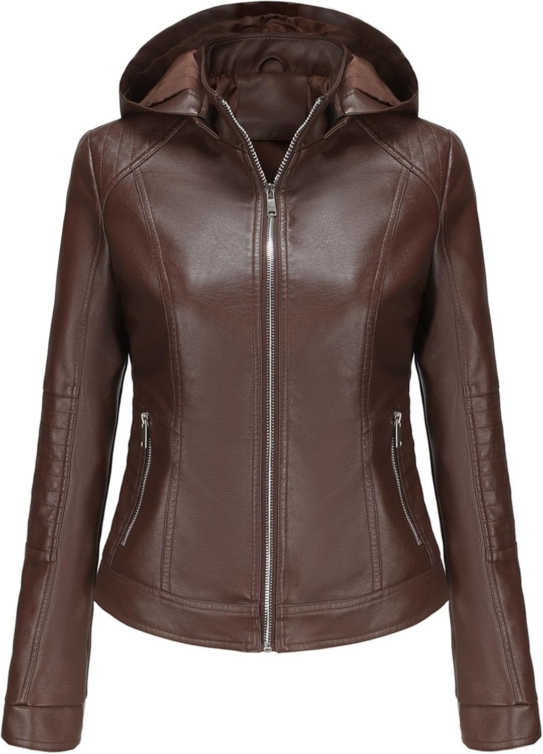 Women's Faux Leather Classic Coat Removable Hooded Biker Moto Coat Jacket Open Front Cropped Fashion Coats