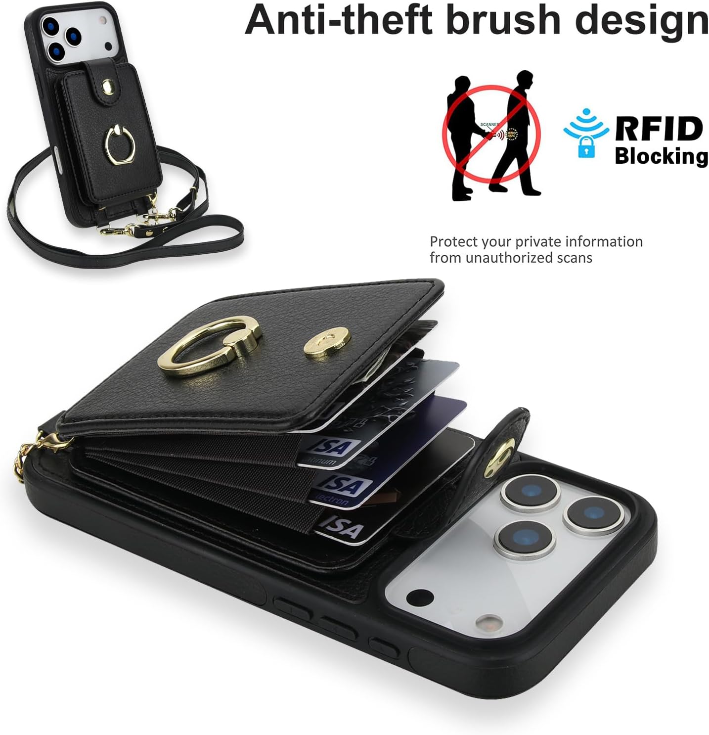 Asuwish Phone Case for iPhone 17 Pro Max Wallet Cover Screen Protector Ring Kickstand Crossbody Lanyard Strap Compatible with MagSafe RFID Blocking i Phone17 17Pro i17 ProMax 17ProMax for Women Black