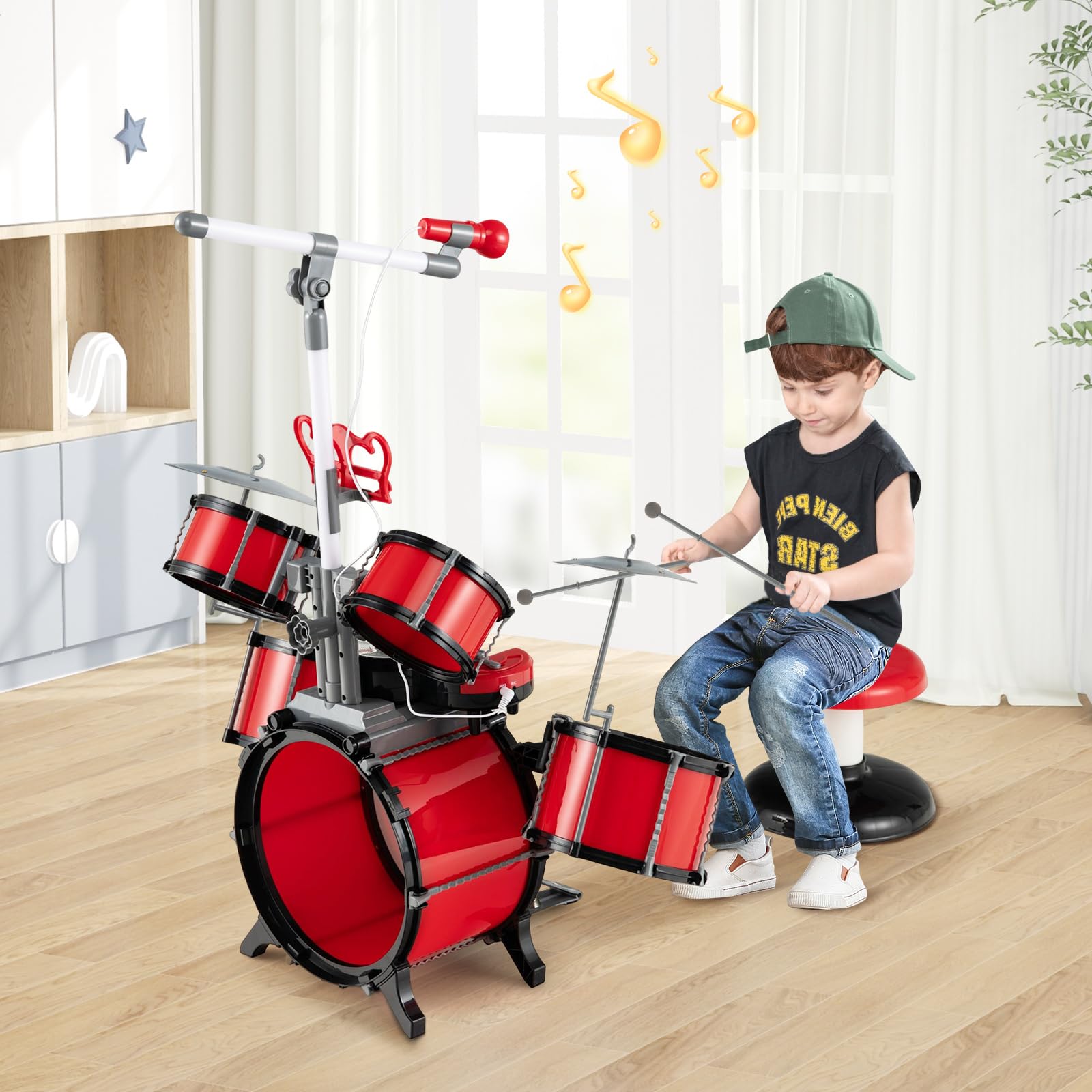 RELAX4LIFE Set di Batteria per Bambini, Giocattoli Musicali Elettronici con Tastiera e Microfono, Batteria Jazz con Sgabello per Bambini 3+ Anni, Rosso