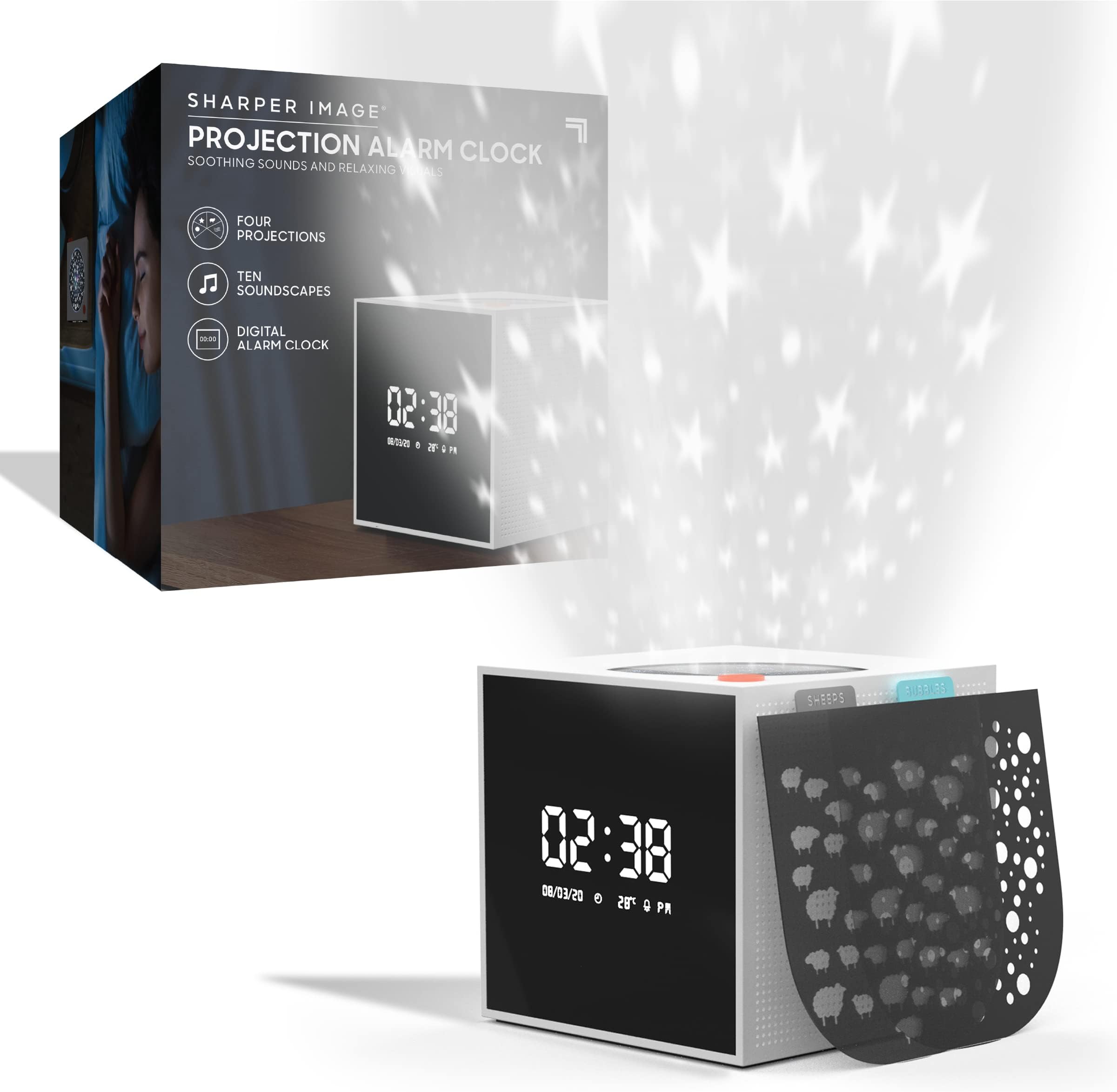 Sharper Image Projection Alarm Clock with Soothing Sounds and Relaxing Visuals, 4 Projections & 10 Soothing Soundscapes, Full-Function Digital Alarm Clock, Project Color-Changing Stars
