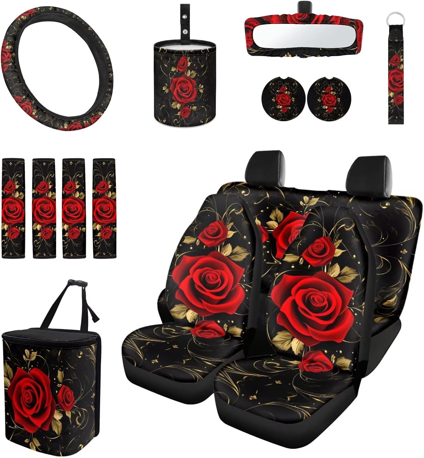 Red Rose Car Seat Covers Full Set for Women Cute Car Accessories Seat Cover with Wheel Cover Seatbelt Covers Car Coasters Trash Bag Rearview Mirror Cover Keychain