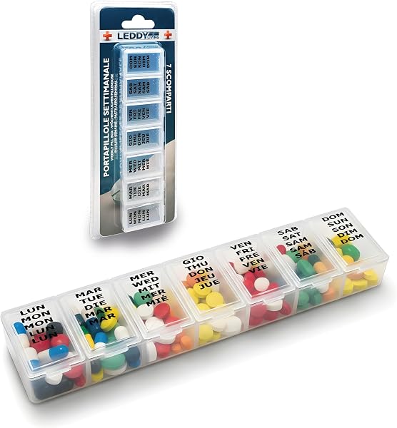 Portapillole Settimanale Rettangolare 7 Scomparti 15,3x3,7 cm – Multilingua IT EN DE FR ES con Braille, Cerniere Rinforzate, Chiusure Sicure, Organizer Semitrasparente - 1