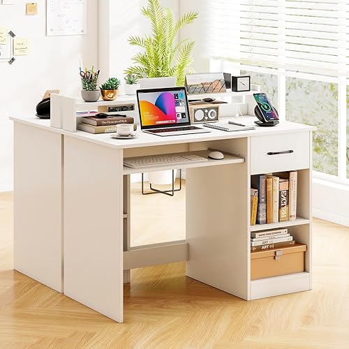 Miniatura 27 de Escritorio para computadora con cajones, mesa de estudio con estantes de almacenamiento, bandeja para teclado, mesa de tocador de maquillaje de