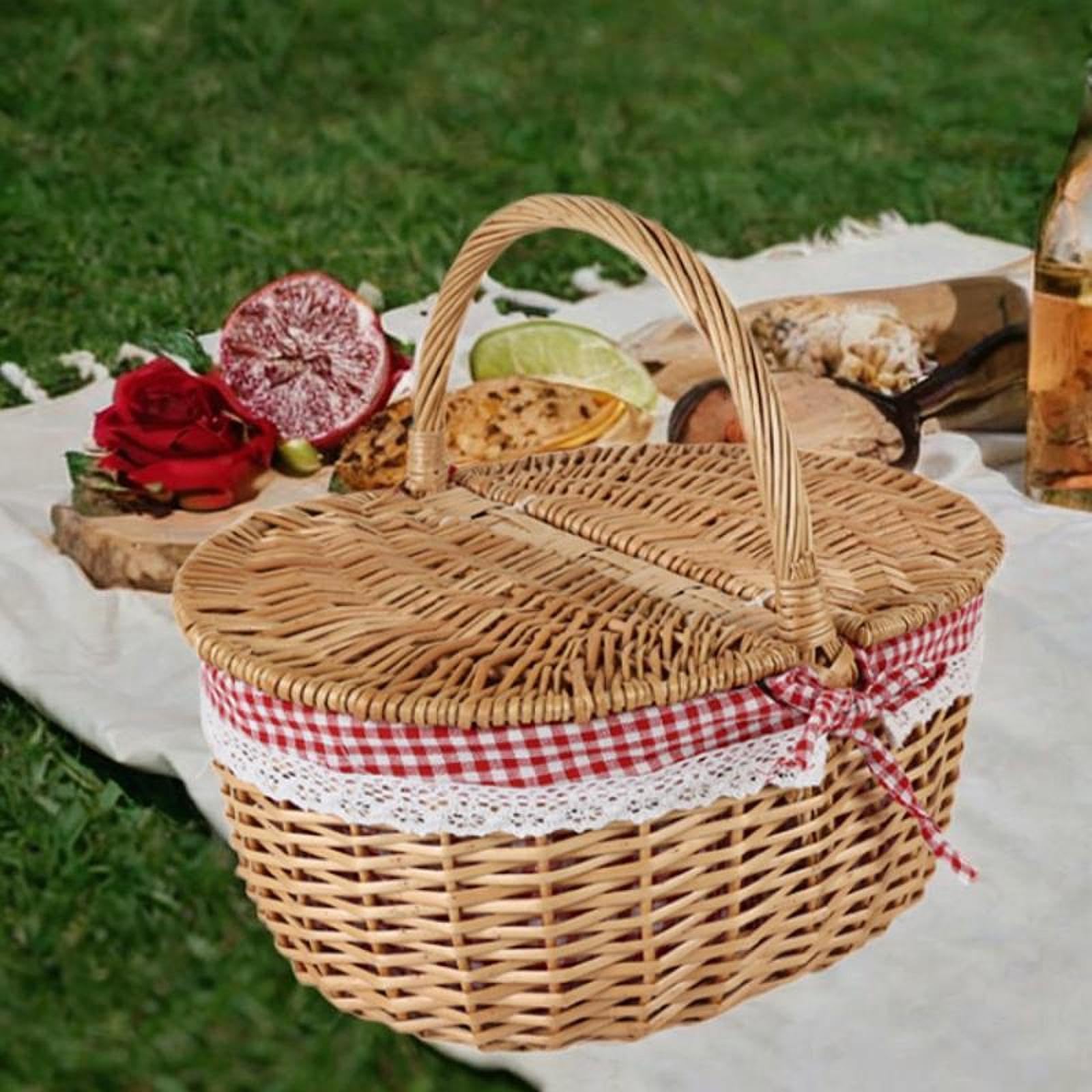 Cesta Picnic de Mimbre Cesta con Tapa Forro Removible Asa Manual Recomendada para Picnic Almacenamiento Obsequios Fotografía Juguetes, Rojo, Grande